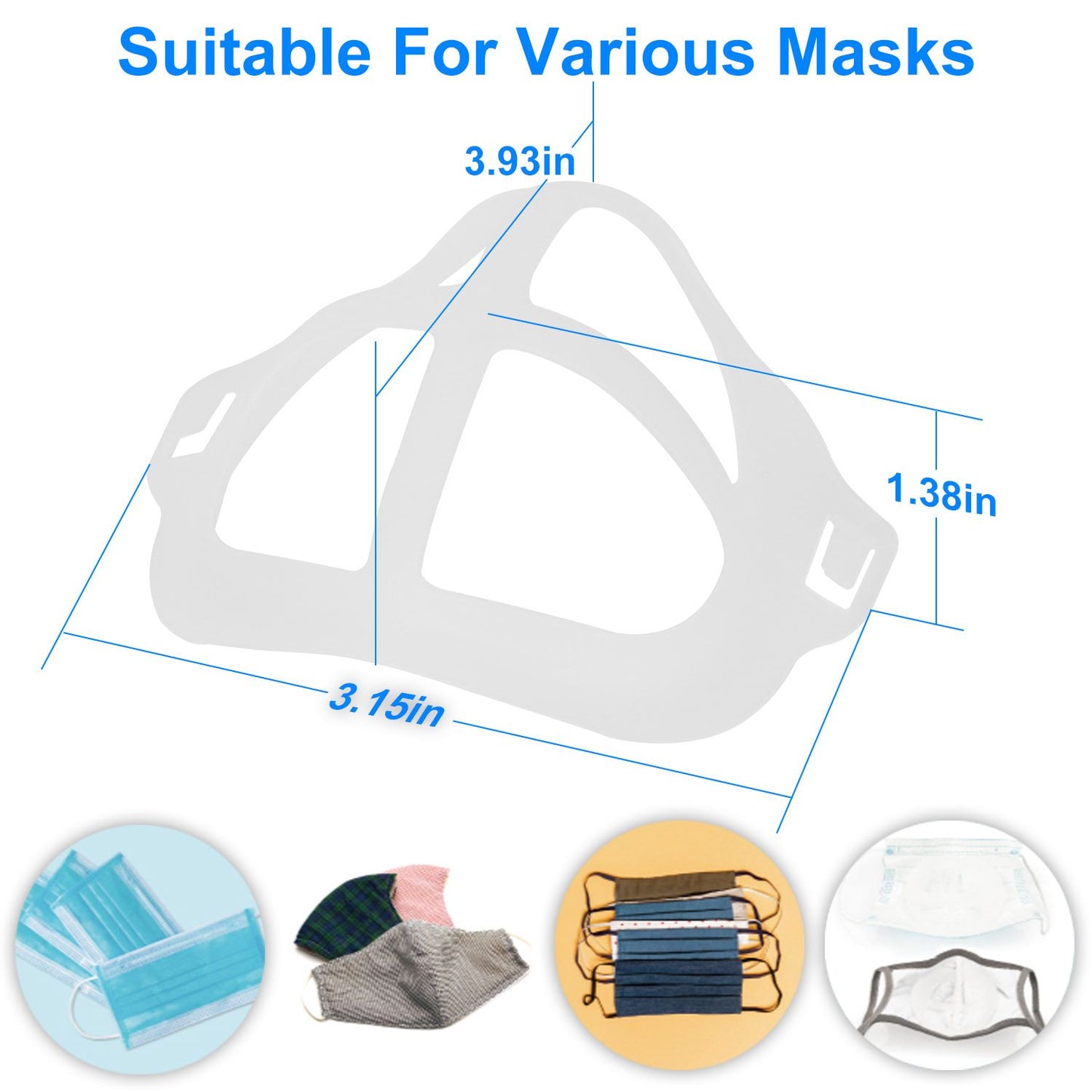 Silicone mask bracket support for comfort and space, measuring 3.93in x 3.15in x 1.38in, compatible with various face masks.