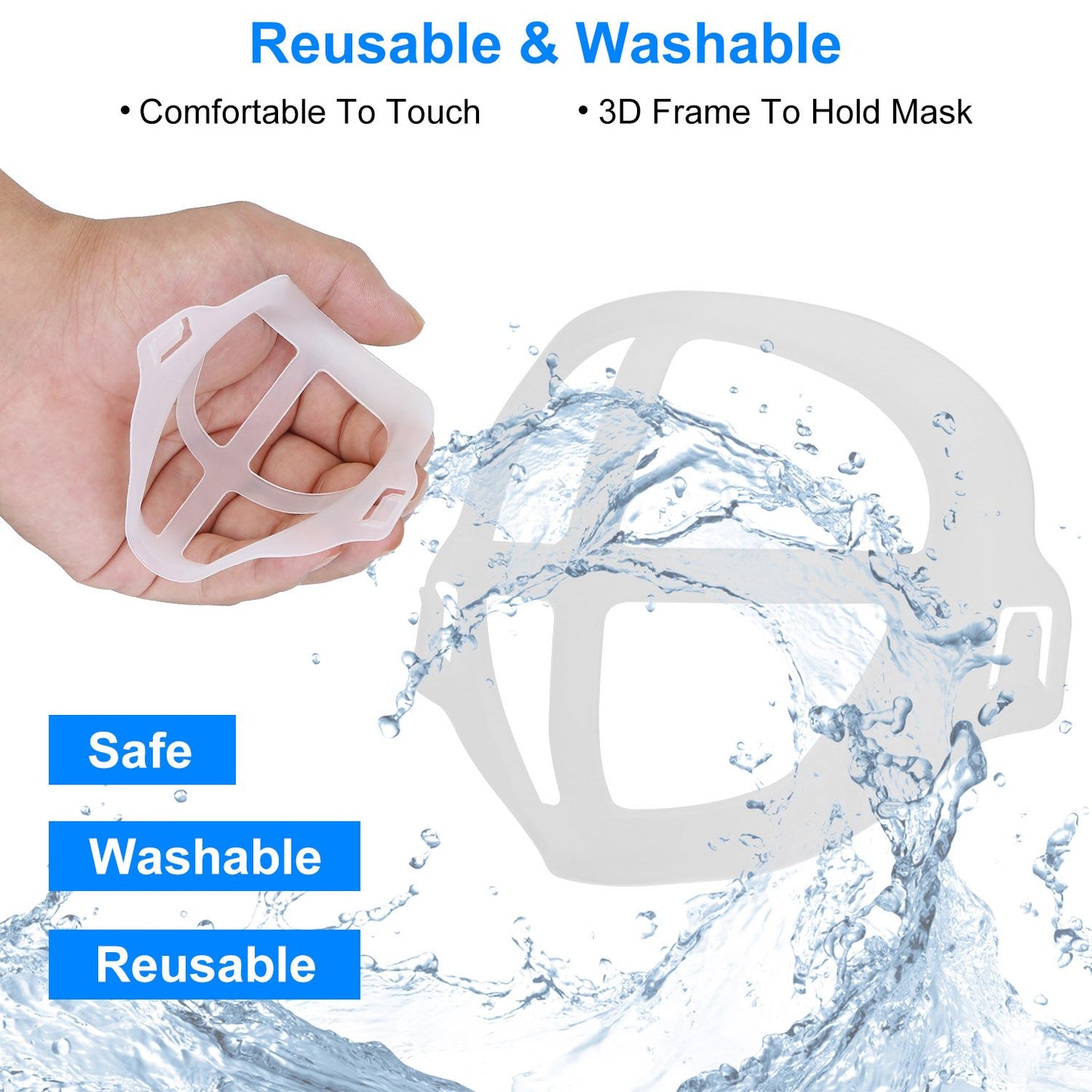3D mask support frame held in a hand, showcasing its reusable and washable design, featuring a water splashing background to emphasize durability and comfort.