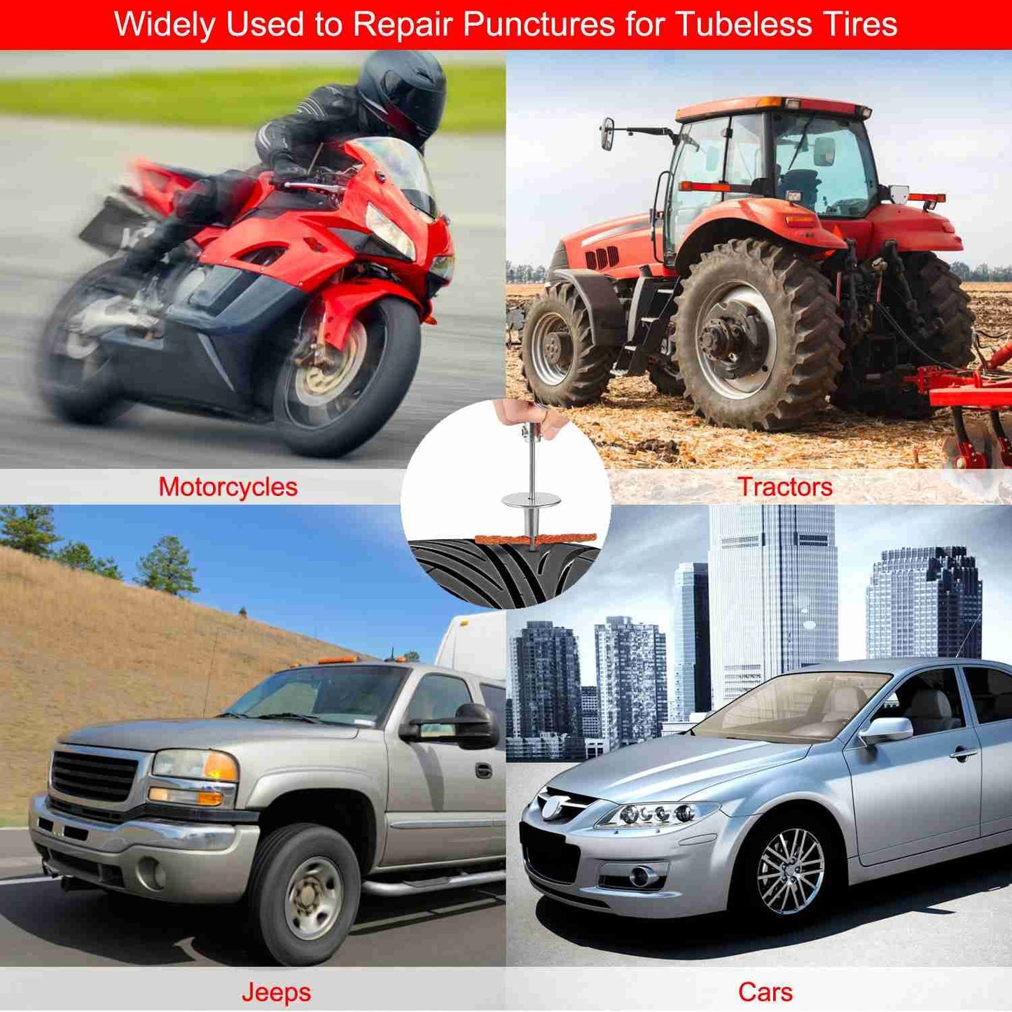 Image showcasing the versatility of tubeless tire puncture repair tools, featuring motorcycles, tractors, jeeps, and cars in various settings, with a central focus on a tire puncture repair process.