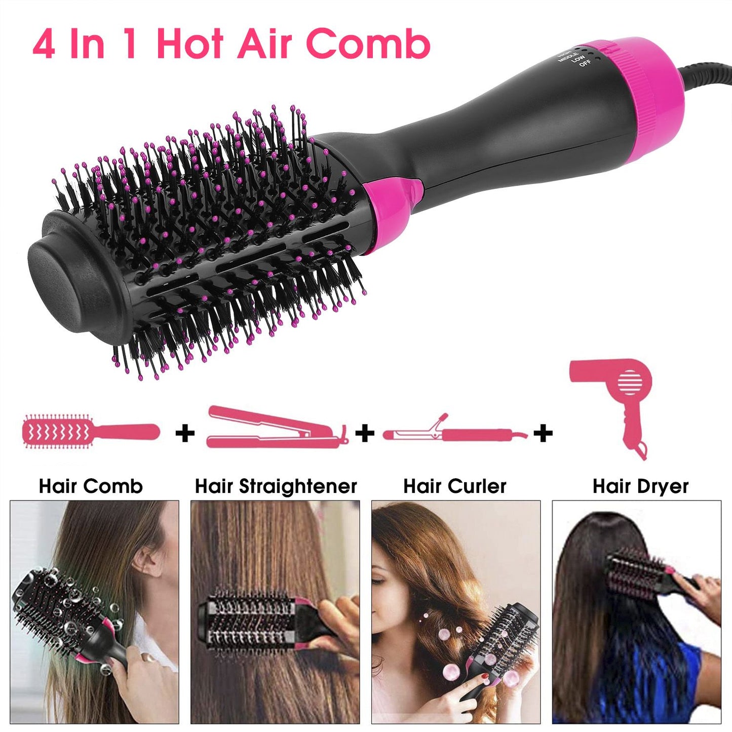 4 in 1 hot air comb for styling hair, featuring versatile functions including hair combing, straightening, curling, and drying, with a sleek design and ergonomic grip.