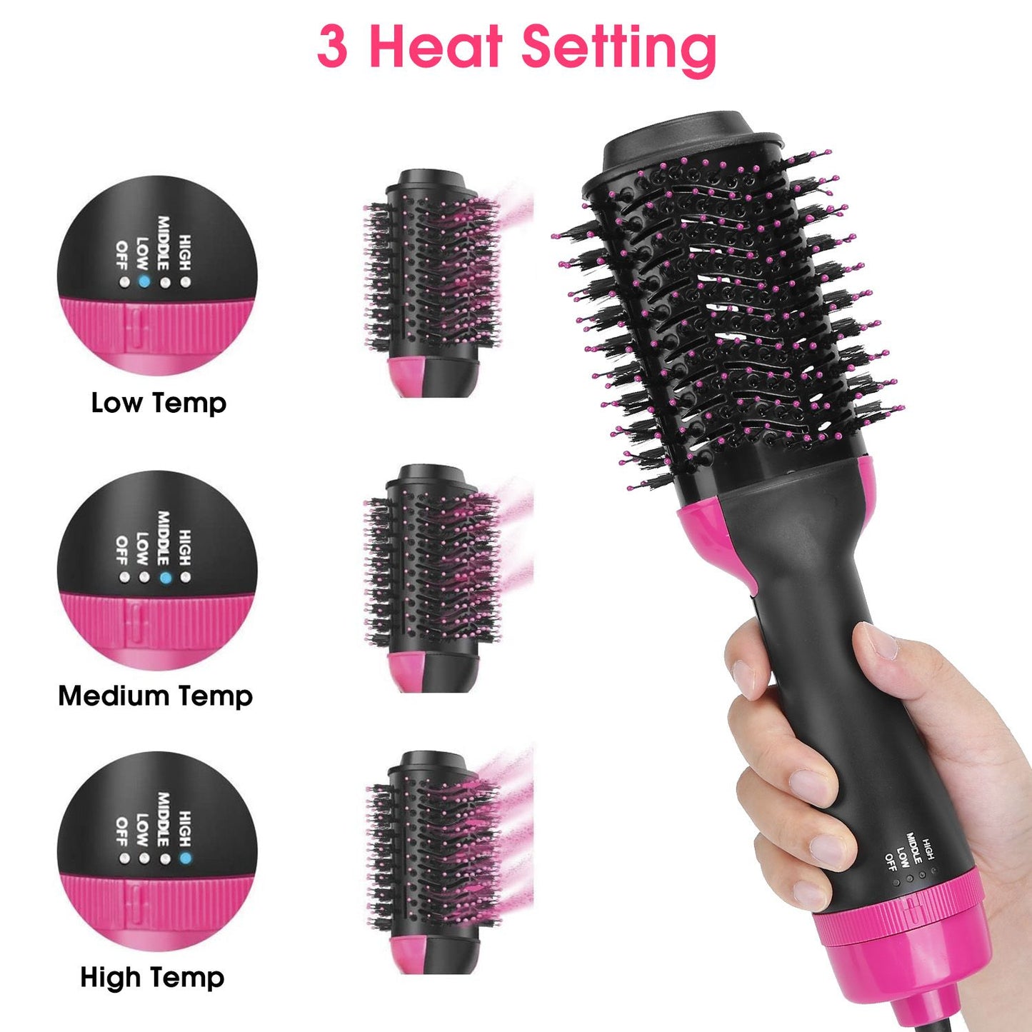 Electric hair brush with three heat settings (low, medium, high) for versatile styling, featuring a black and pink ergonomic design.