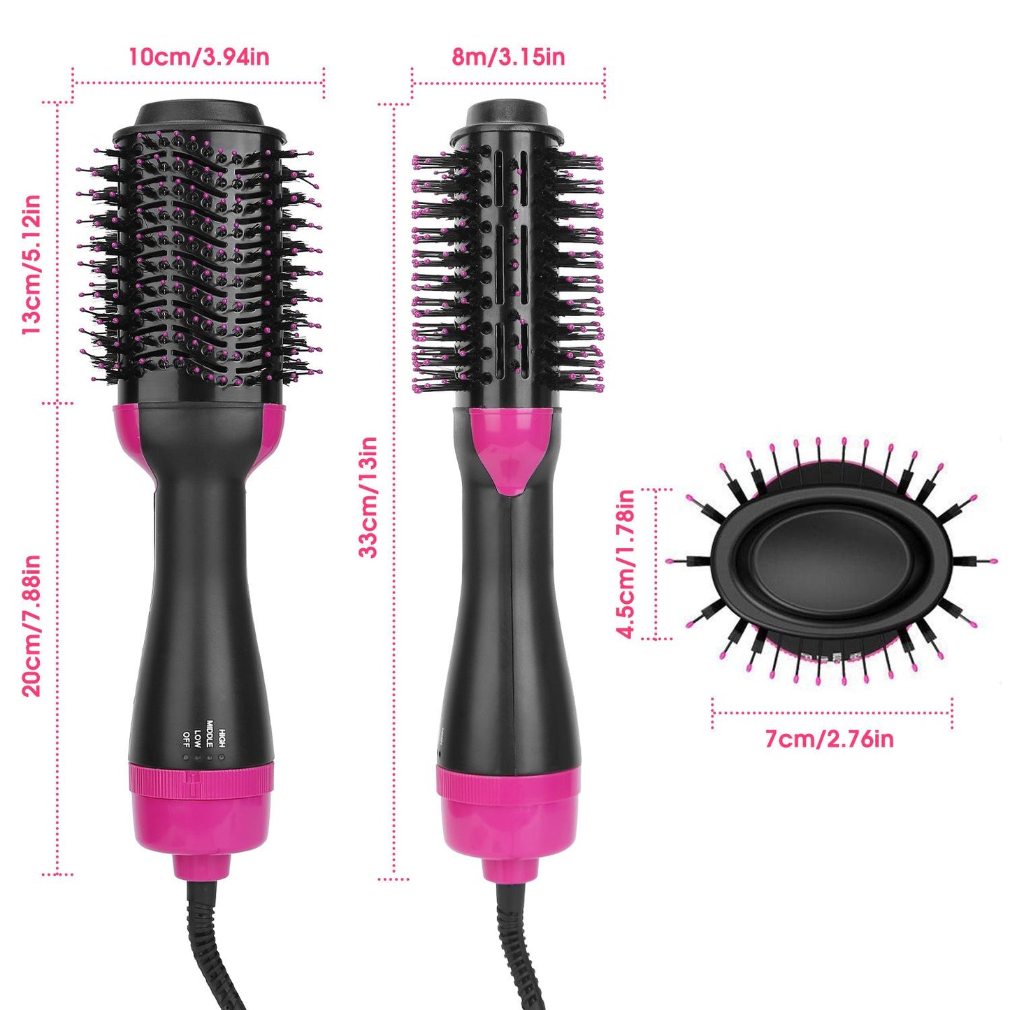 Hair dryer brush with dual brush heads in black and pink, featuring dimensions for styling versatility; includes a round bristle head and a straight styling head, ideal for smooth and voluminous hair.