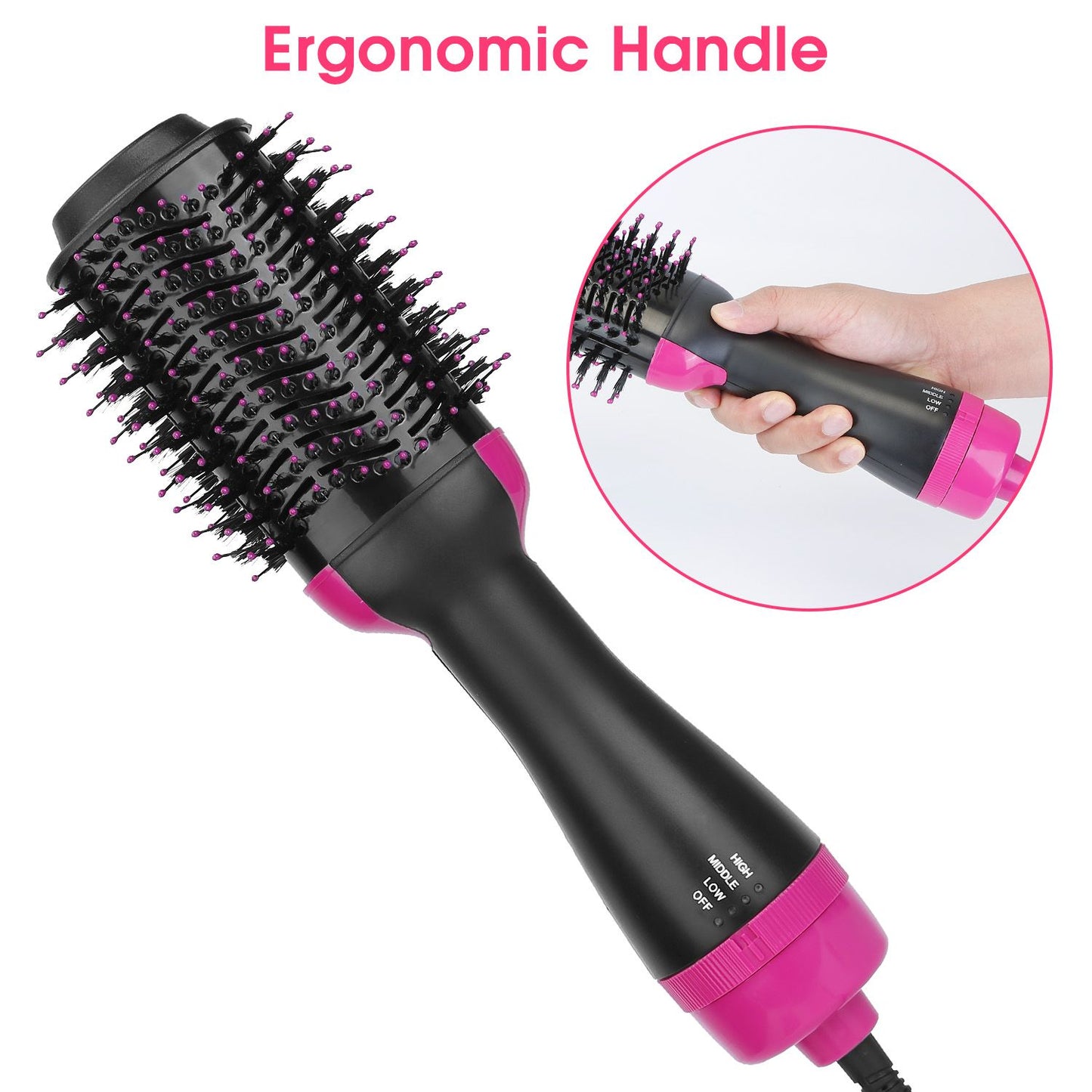 Hair dryer and volumizer brush with ergonomic handle, featuring a round brush head for styling and drying hair efficiently.