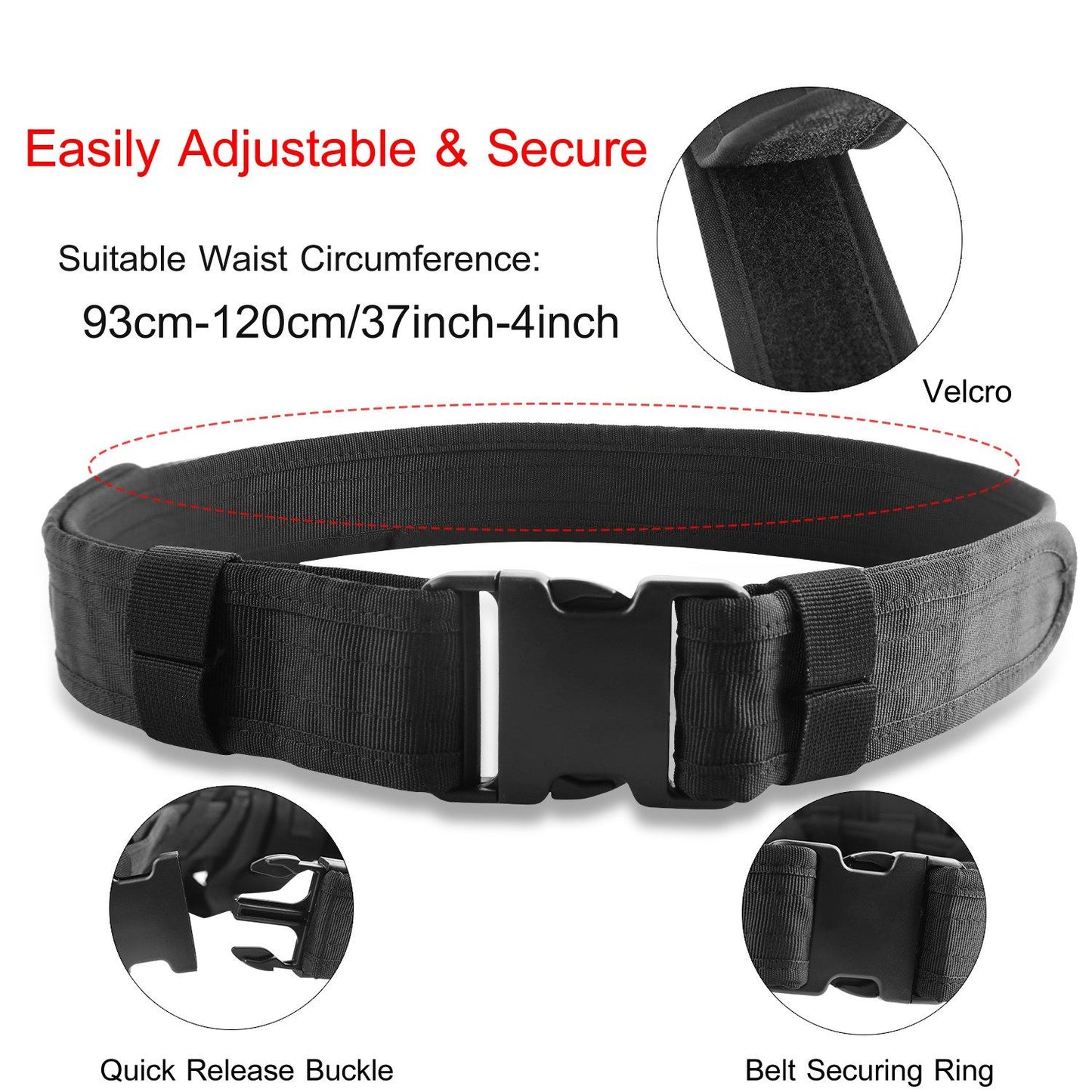 Adjustable black belt with quick release buckle and Velcro, suitable for waist sizes 93cm to 120cm (37 to 47 inches), designed for secure and comfortable wear.