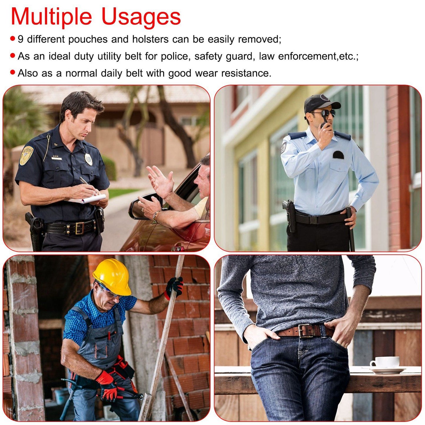 Utility belt featuring removable pouches, ideal for police, security, and general daily wear, showcasing versatility and durability in various work environments.