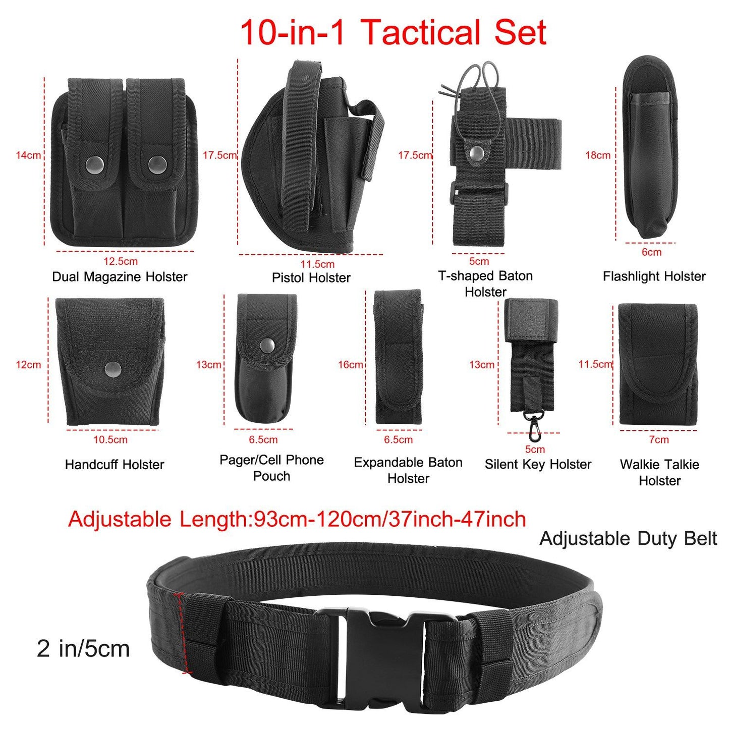10-in-1 tactical gear set including dual magazine holster, pistol holster, handcuff holster, walkie-talkie holster, flashlight holster, and adjustable duty belt designed for versatility and durability, ideal for law enforcement and outdoor enthusiasts.