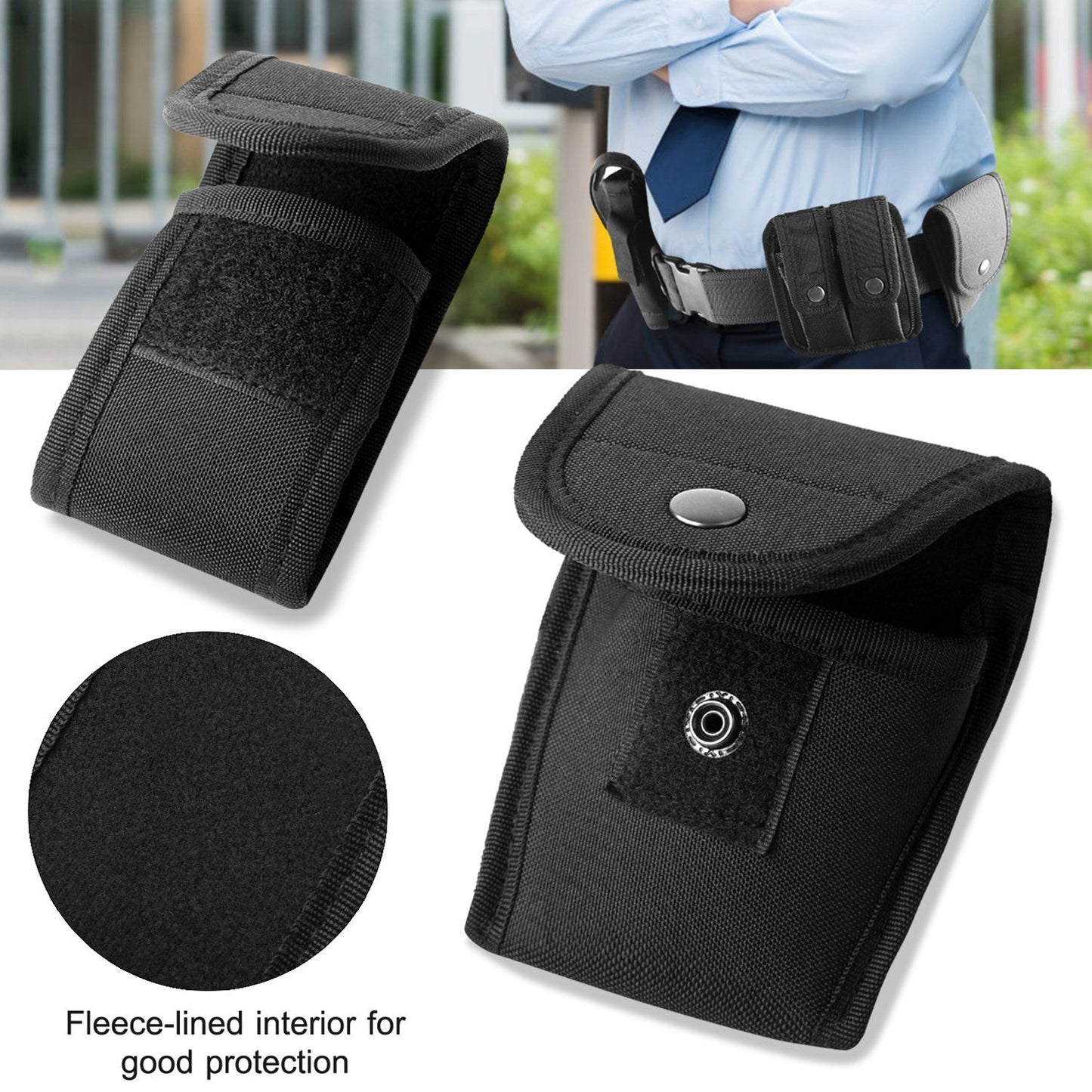 Black tactical holster with fleece-lined interior for secure storage, designed for police or security professionals, shown on a belt with a uniformed officer.