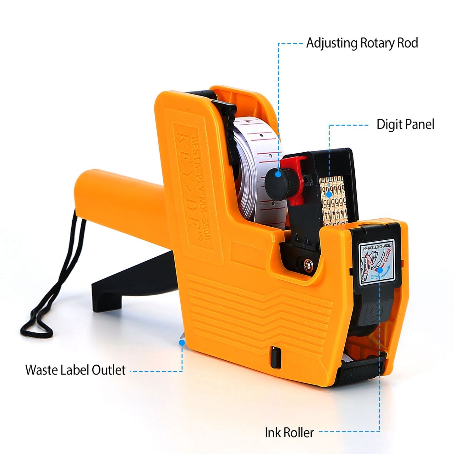Yellow price label gun with adjusting rotary rod, digit panel, ink roller, and waste label outlet for easy labeling and pricing.