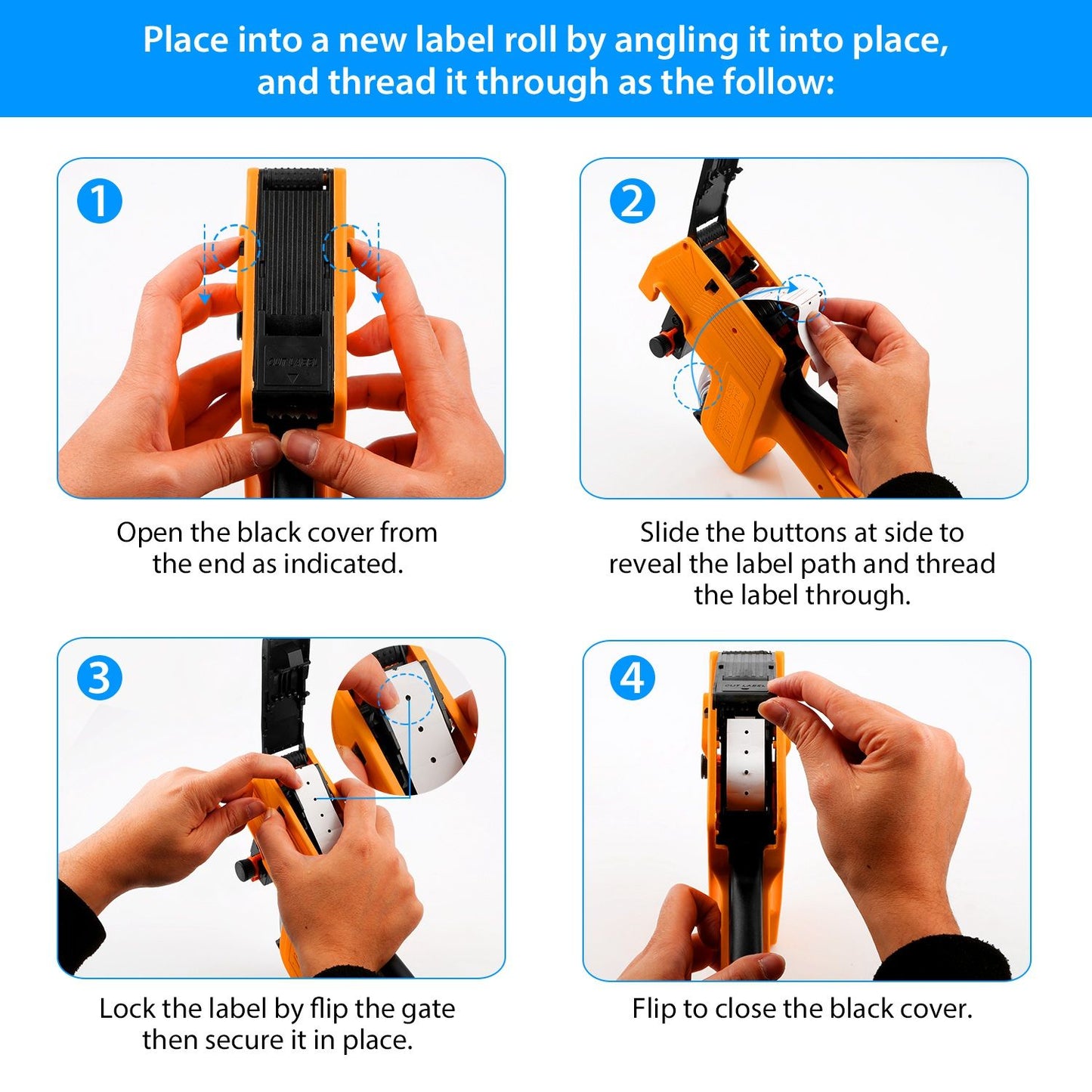 Step-by-step guide to loading a label roll into a yellow label maker, demonstrating the opening of the cover, threading the label, and closing the device securely.