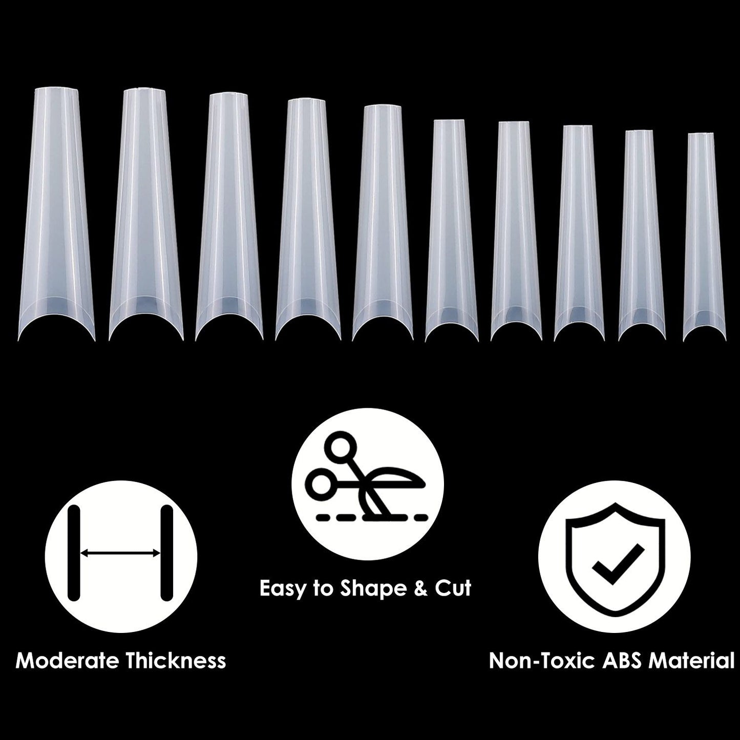 Clear ABS nail tips set featuring ten varying lengths, showcasing moderate thickness, ease of shaping and cutting, and safe non-toxic material icons.