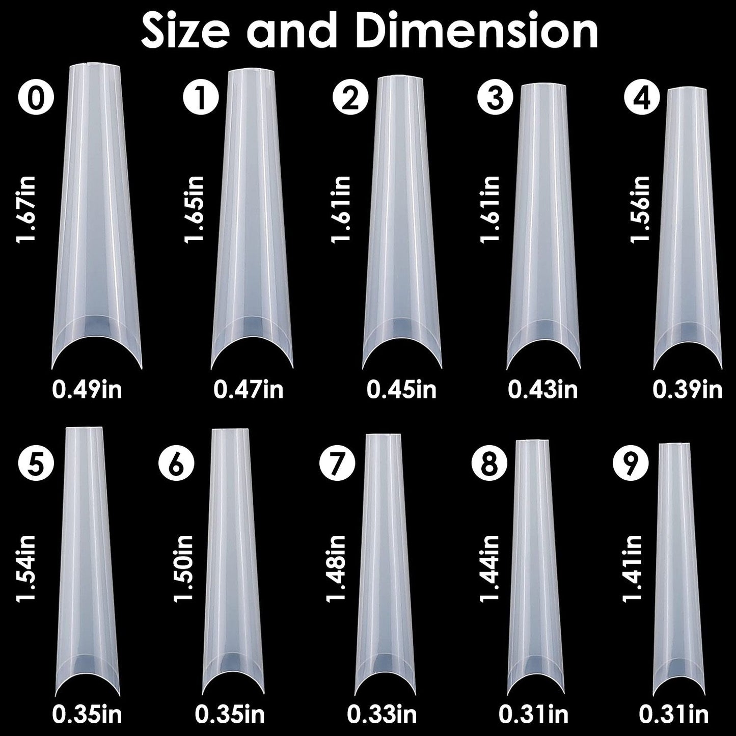 Clear nail tips display with size measurements ranging from 0 to 9, featuring lengths and widths for nail enhancement options.