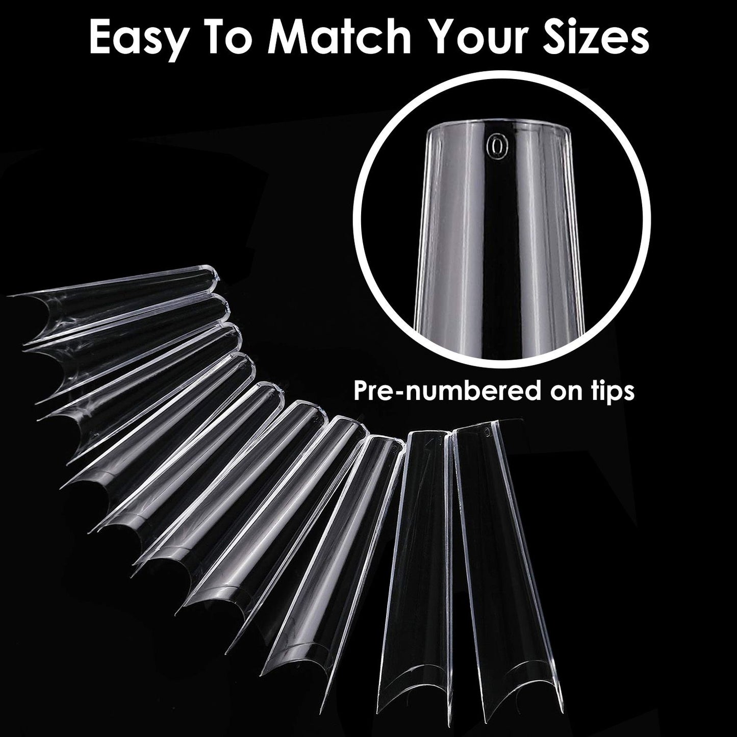 Clear nail tips arranged in a row, featuring pre-numbered sizes for easy selection and application.