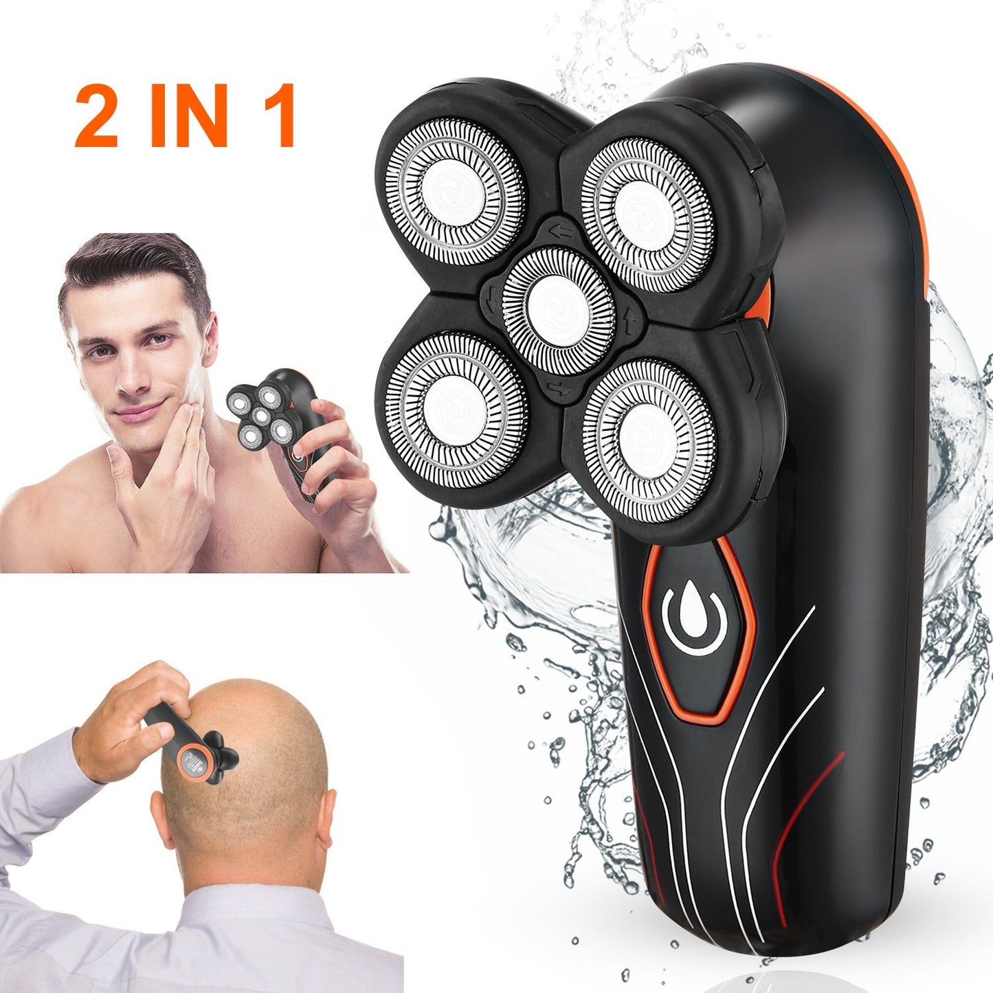 Electric 2-in-1 rotary shaver and scalp massager with four shaving heads designed for a close shave and soothing scalp treatment, featuring a modern ergonomic grip and water-resistant design.