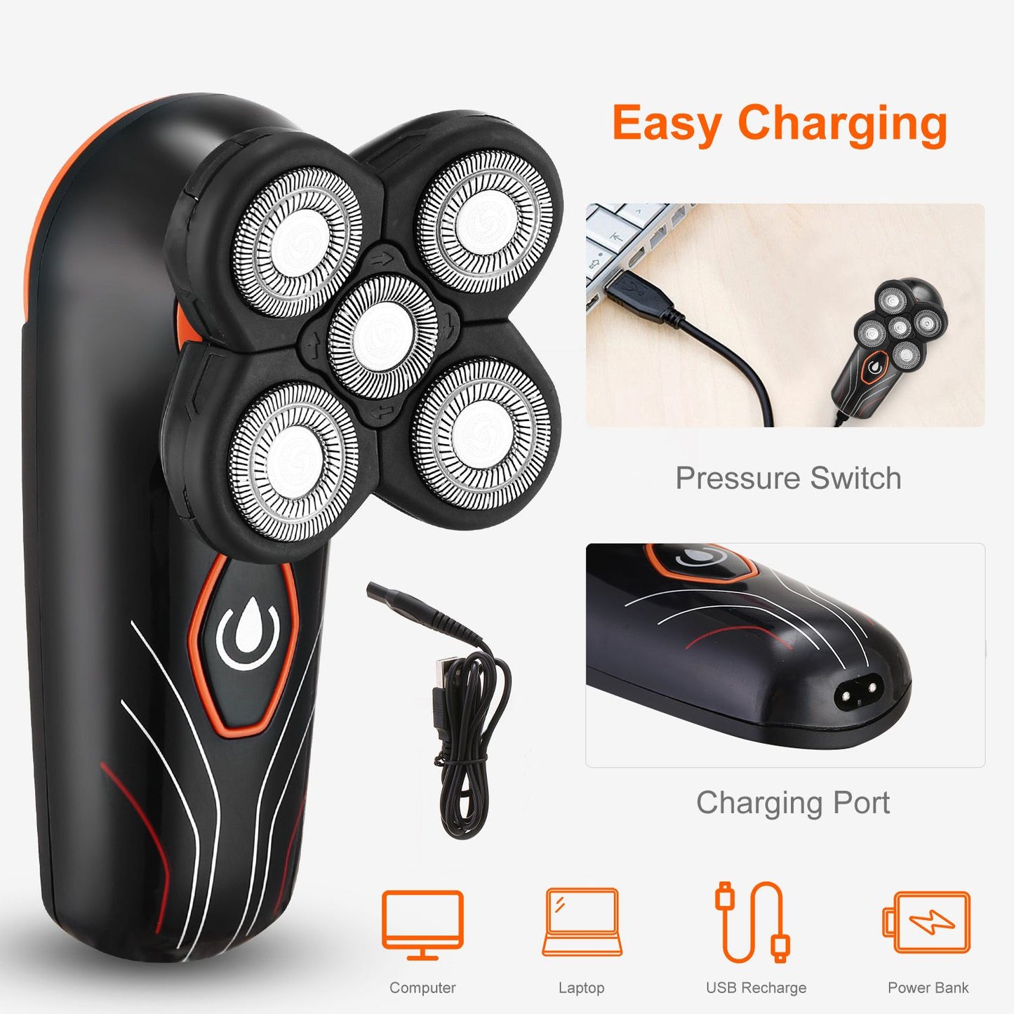 Electric shaver featuring a sleek black design with four rounded shaving heads, pressure switch, and USB charging capabilities; ideal for quick and efficient grooming.