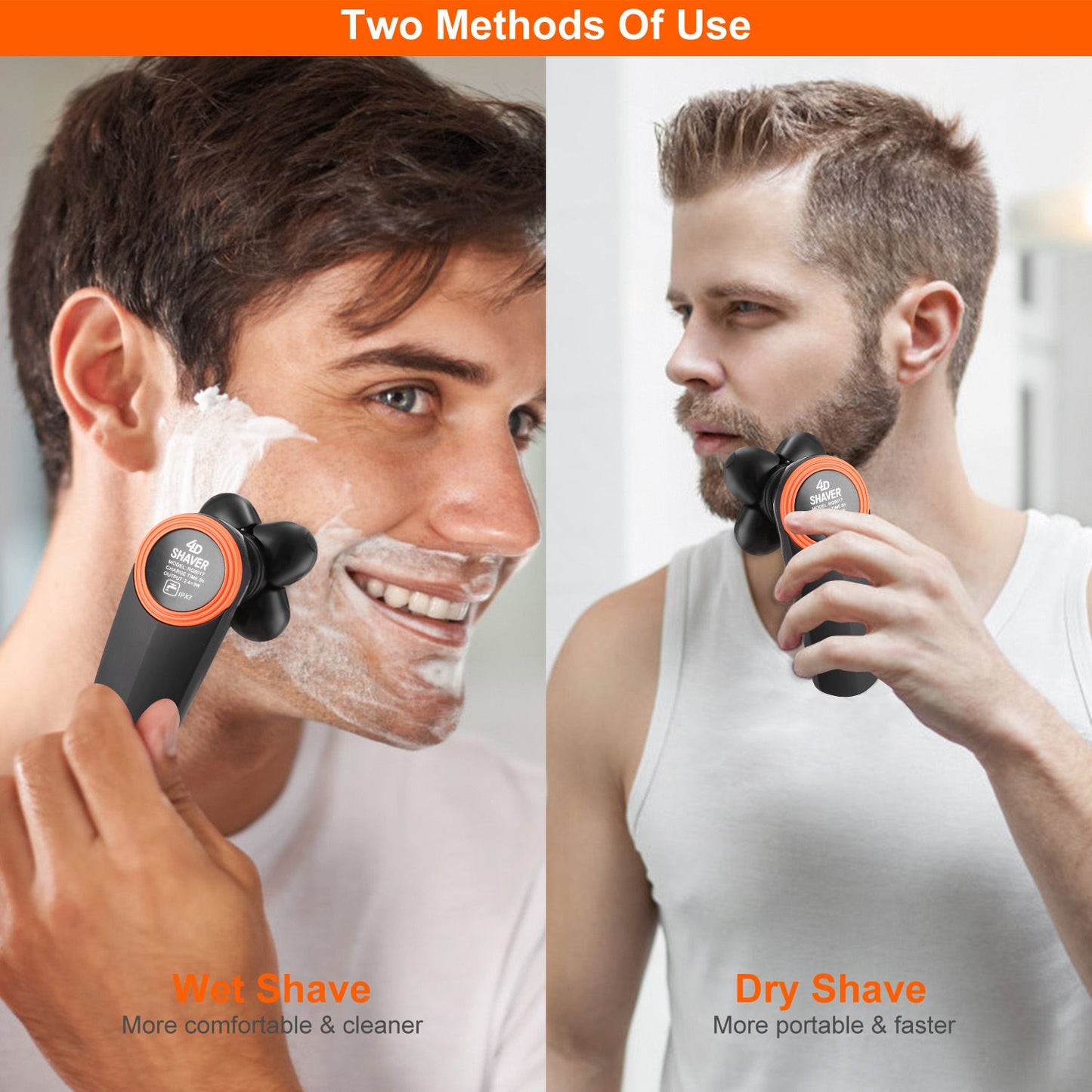Product image showing two methods of shaving: a person shaving wet on the left side, highlighting comfort and cleanliness, and a person shaving dry on the right side, emphasizing portability and speed.