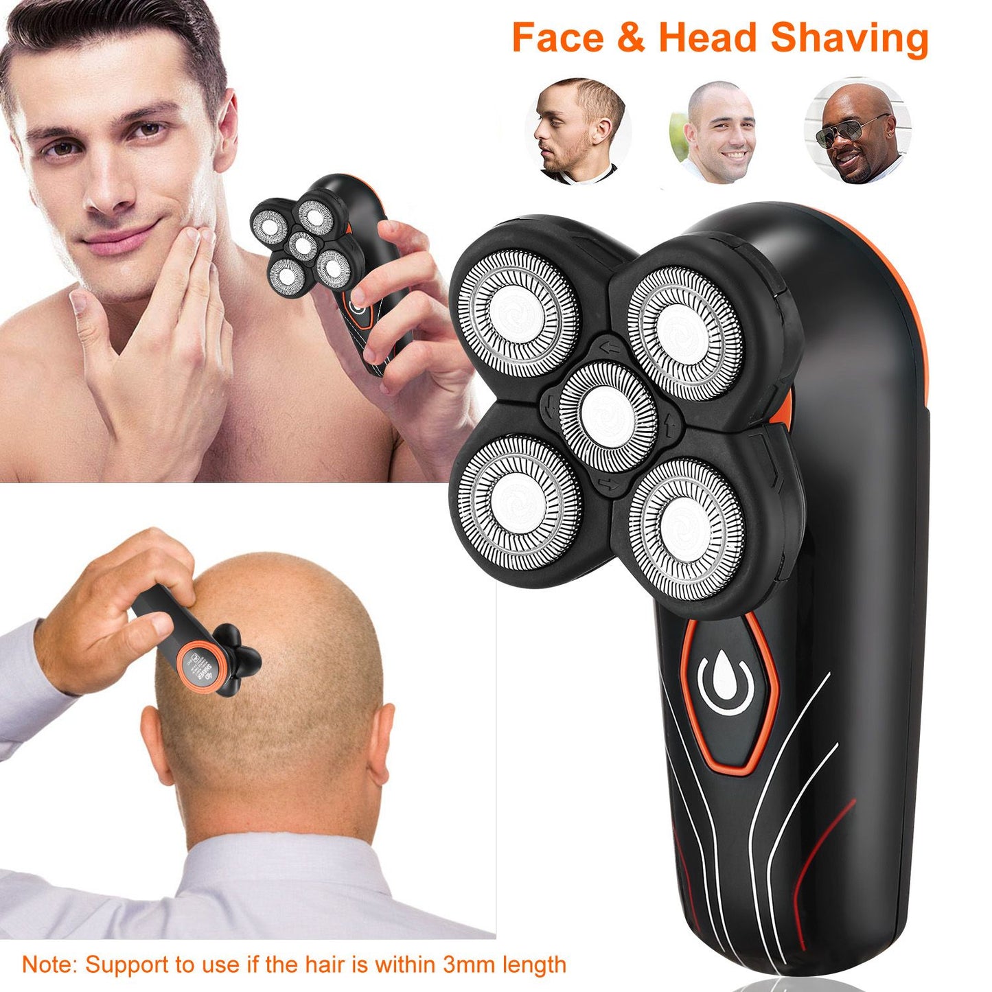 Electric razor for face and head grooming showcasing a four-headed shaving design, perfect for achieving a clean shave for all hair types, with an ergonomic handle for easy maneuverability.
