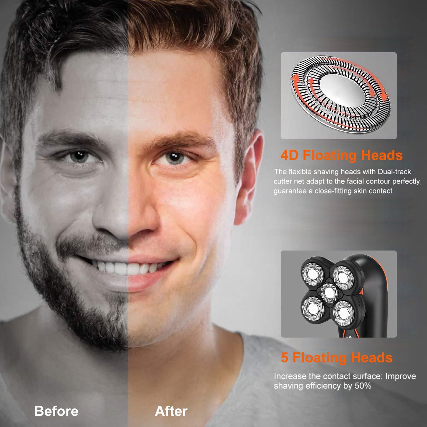 Electric shaver with 4D and 5 floating heads, designed for a close shave and improved skin contact, showcased in a before and after comparison.