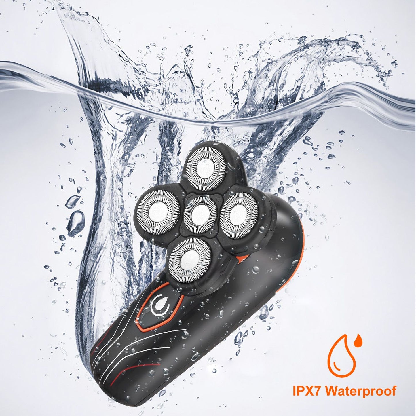 Waterproof electric shaver with five rotary heads, showcased in a splash of water, highlighting its IPX7 waterproof feature.