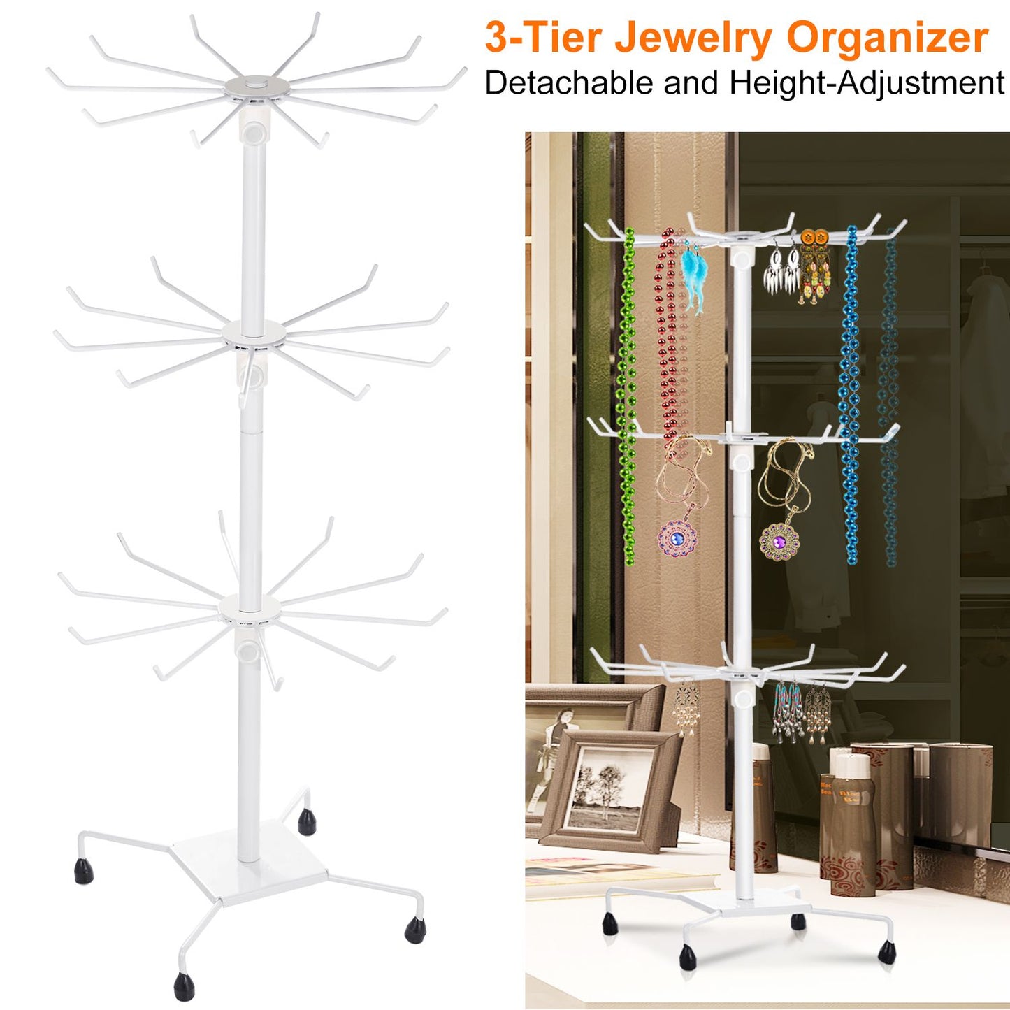 3-tier jewelry organizer with detachable and height-adjustable features, displaying colorful necklaces and earrings on a rotating white stand, ideal for efficient jewelry storage and display.