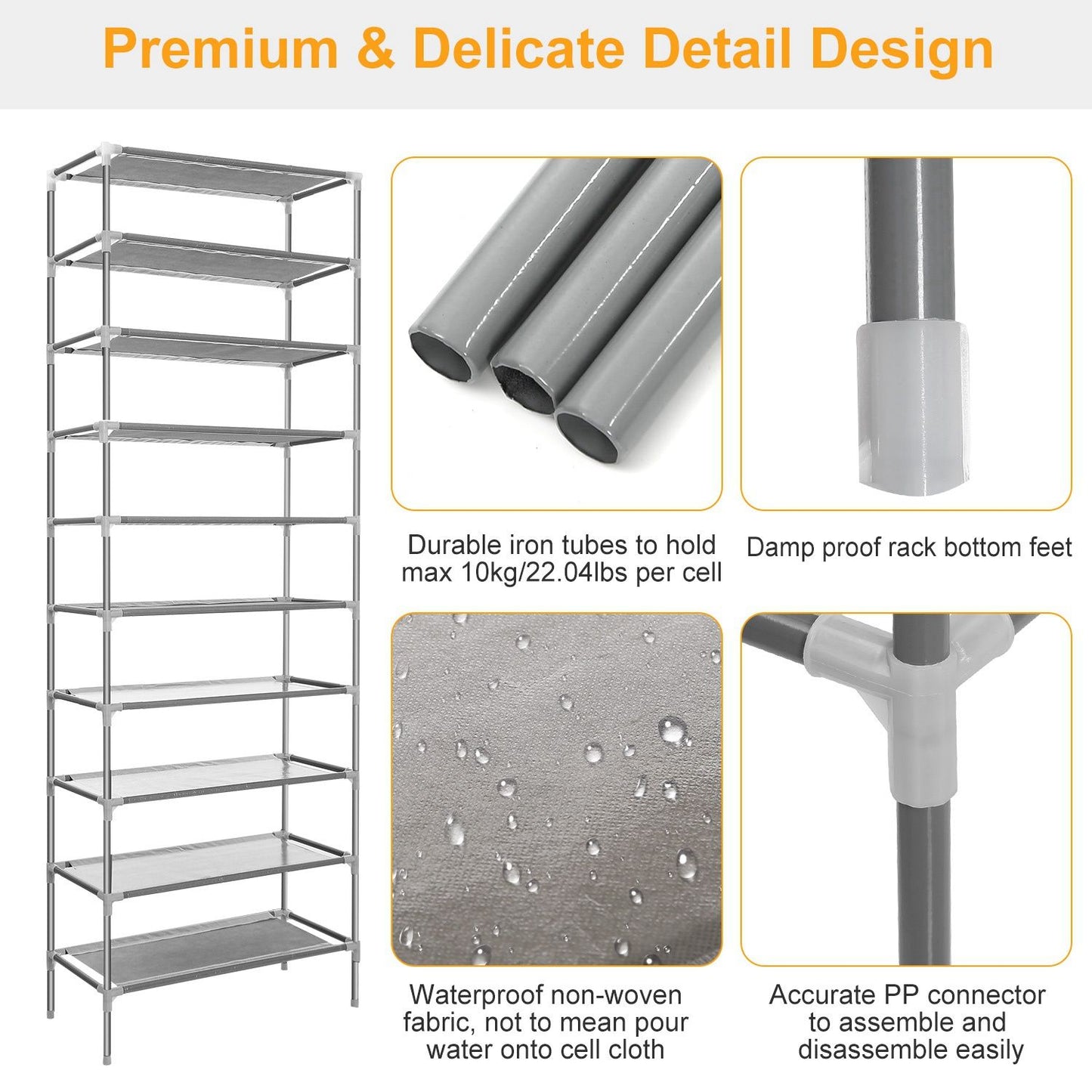 Iron storage rack with durable construction, waterproof fabric shelves, and damp-proof feet for maximum stability; ideal for organizing items up to 10kg per shelf.