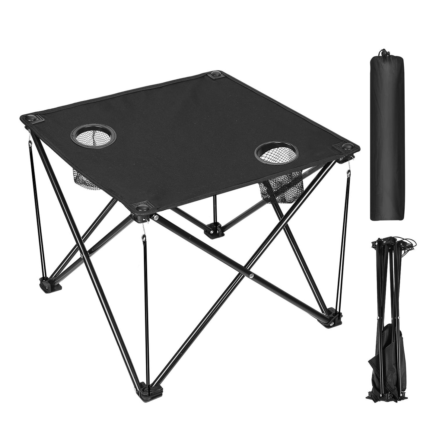 Compact portable folding table with built-in cup holders, durable black fabric top, and a collapsible frame for easy storage and transport.