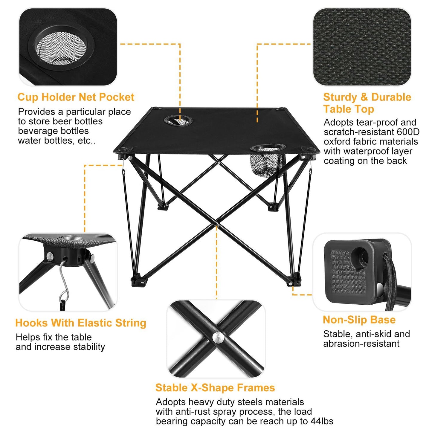 Portable outdoor folding table with cup holder net pocket, sturdy tear-proof fabric, and stable X-shape frames, ideal for camping and picnics.