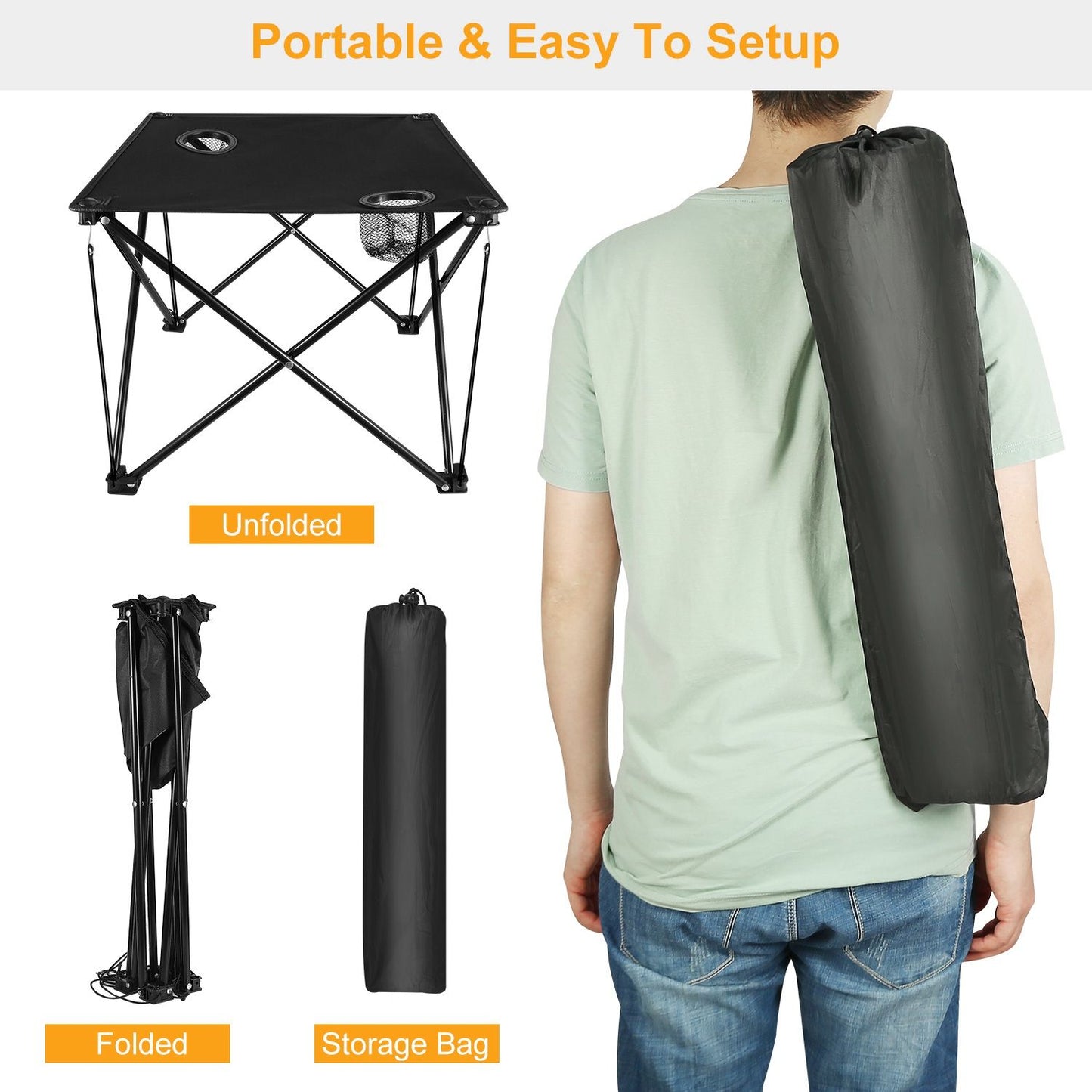 Portable folding camping table displayed unfolded, alongside images of it folded and stored in a bag, showcasing its easy setup and convenient transport options for outdoor activities.