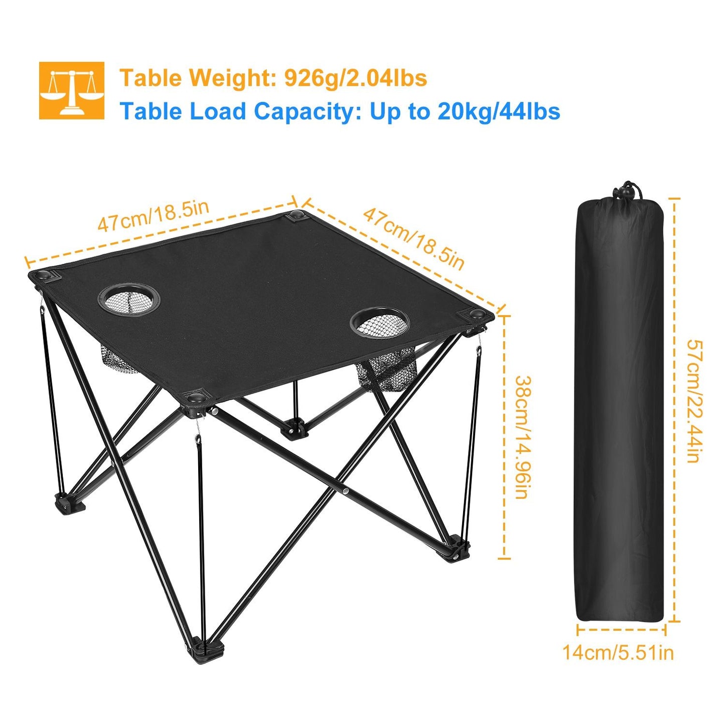 Portable black folding camping table with weight capacity of 20kg/44lbs, featuring two cup holders and compact carry size of 57cm/22.44in.