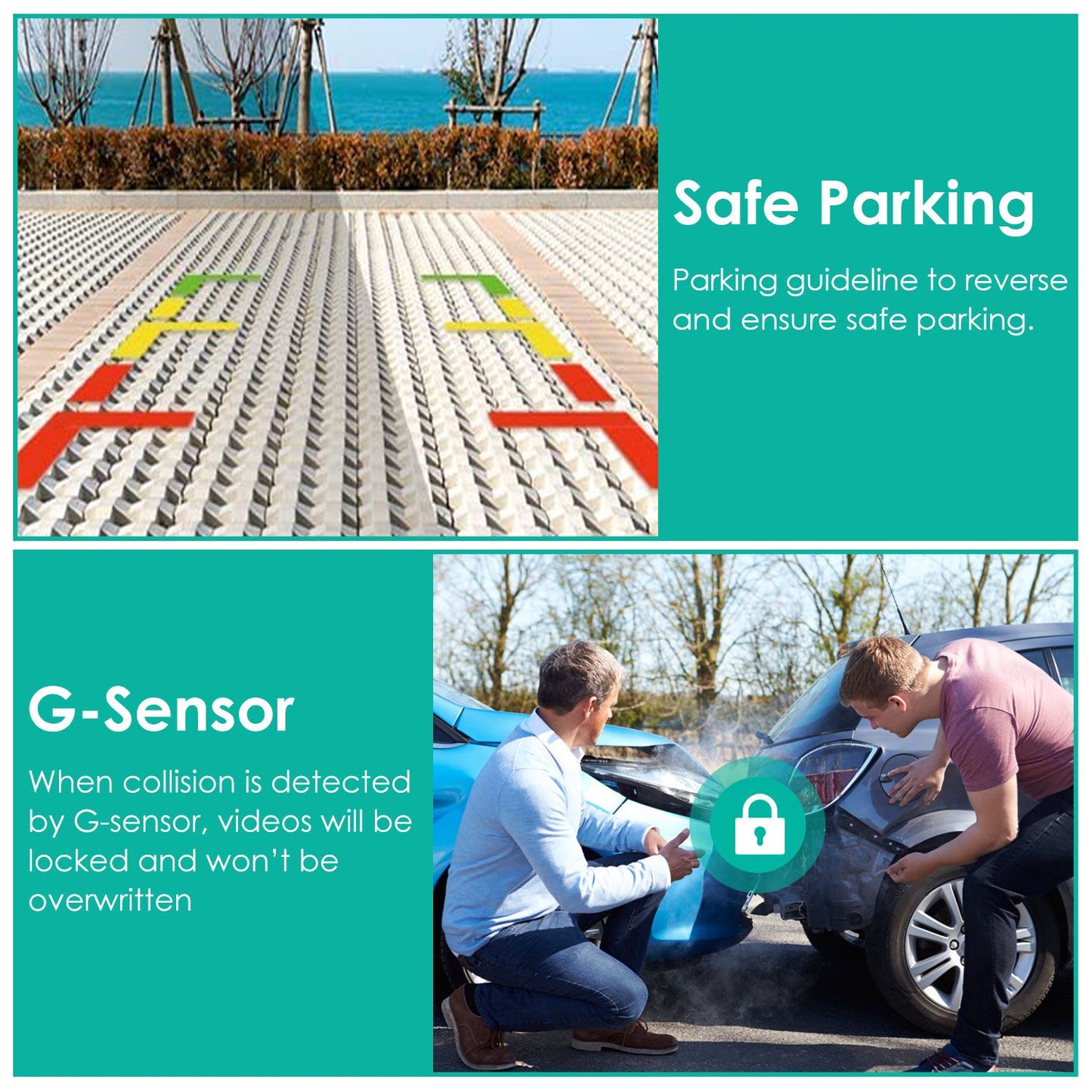 Image showing a safe parking guideline with marked sections on a parking lot, accompanied by an incident involving two men inspecting the damage of a blue car after a collision, highlighting a G-sensor feature that locks video evidence.