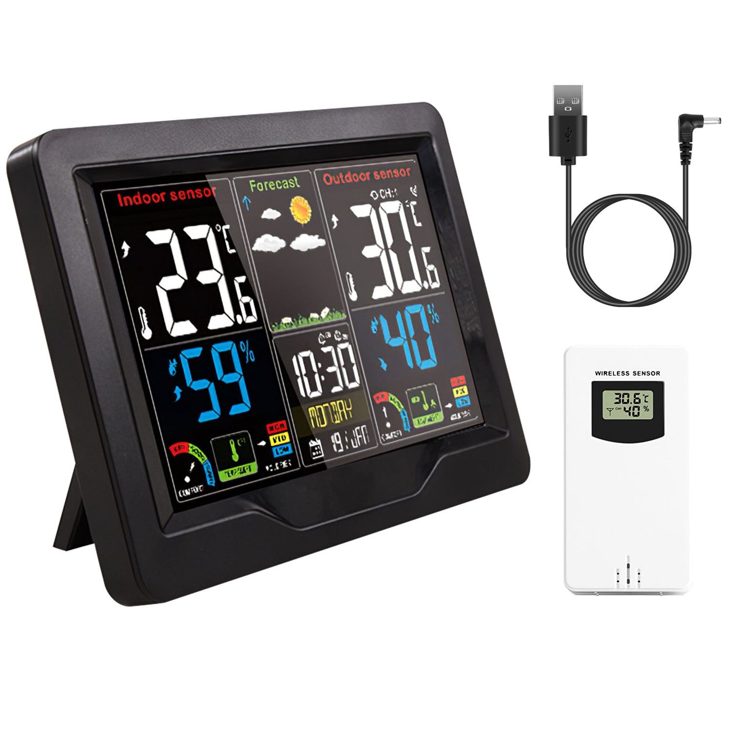 Digital weather station display with indoor and outdoor temperature, humidity readings, weather forecast icons, and outdoor wireless sensor, featuring a USB charging cable.