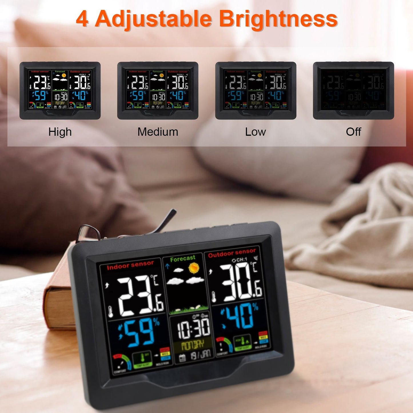 Digital weather station with adjustable brightness settings; displays indoor and outdoor temperatures, humidity levels, and a weather forecast on an easy-to-read color screen, placed on a wooden table beside a stack of books and cozy blankets.