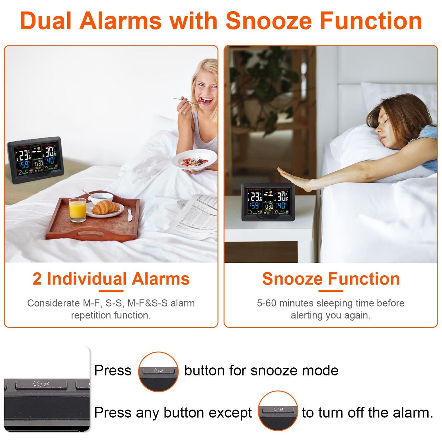 Digital alarm clock featuring dual alarms and snooze function, displayed in a bedroom setting with breakfast on a tray, highlighting user-friendly buttons for easy operation.