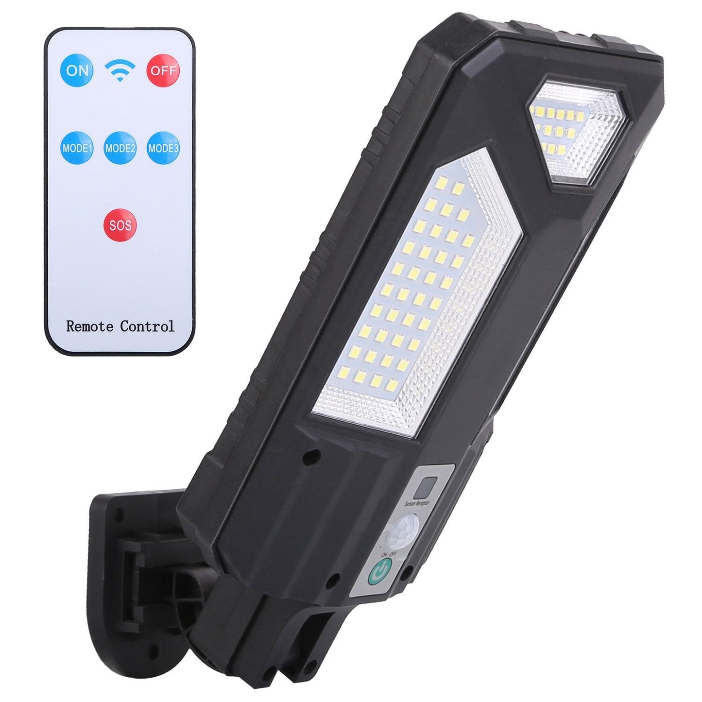 LED solar wall light with remote control, featuring multiple brightness modes and SOS function, ideal for outdoor security and lighting.