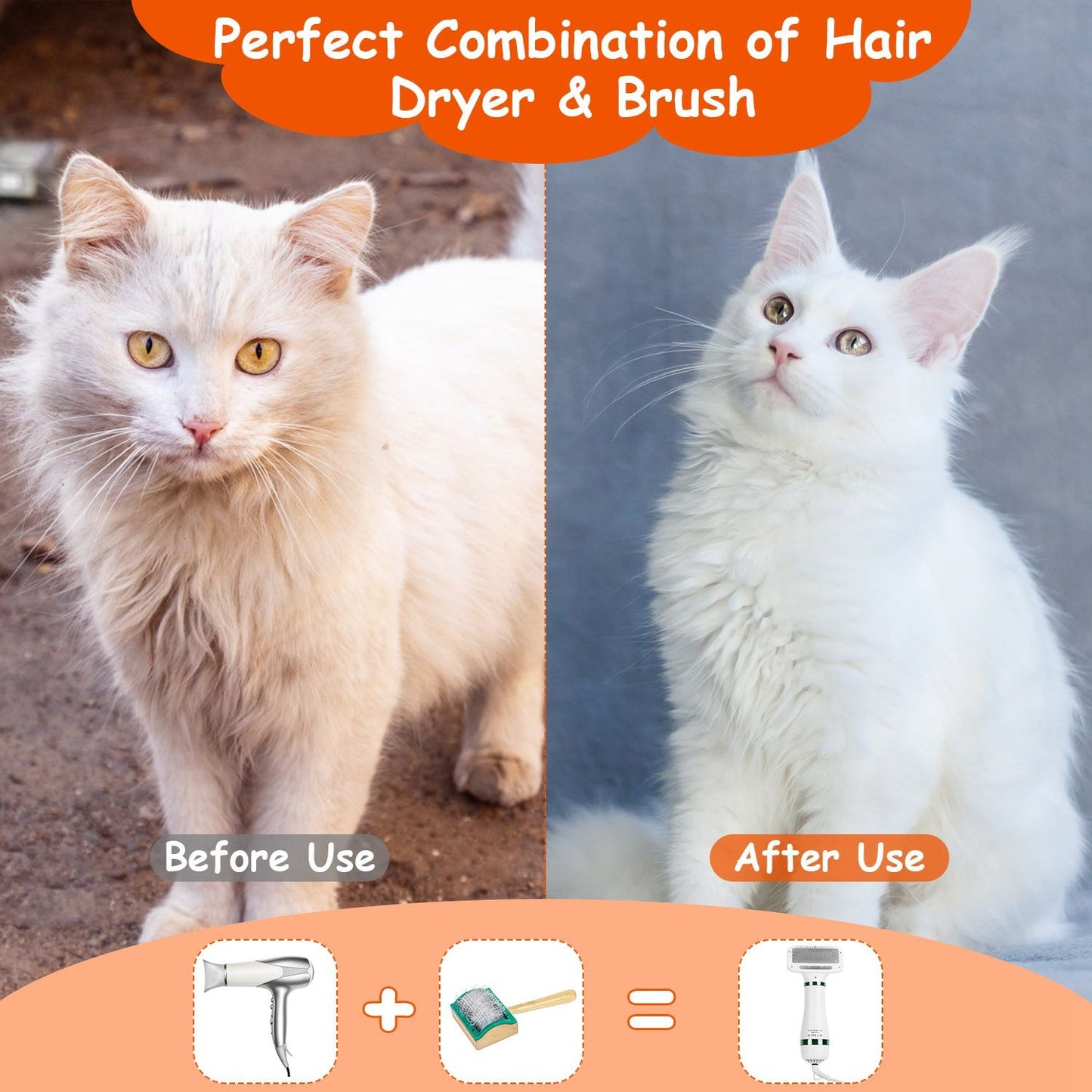 Before and after images of a fluffy white cat showcasing the results of using a hair dryer and brush combination, emphasizing improved grooming and appearance.