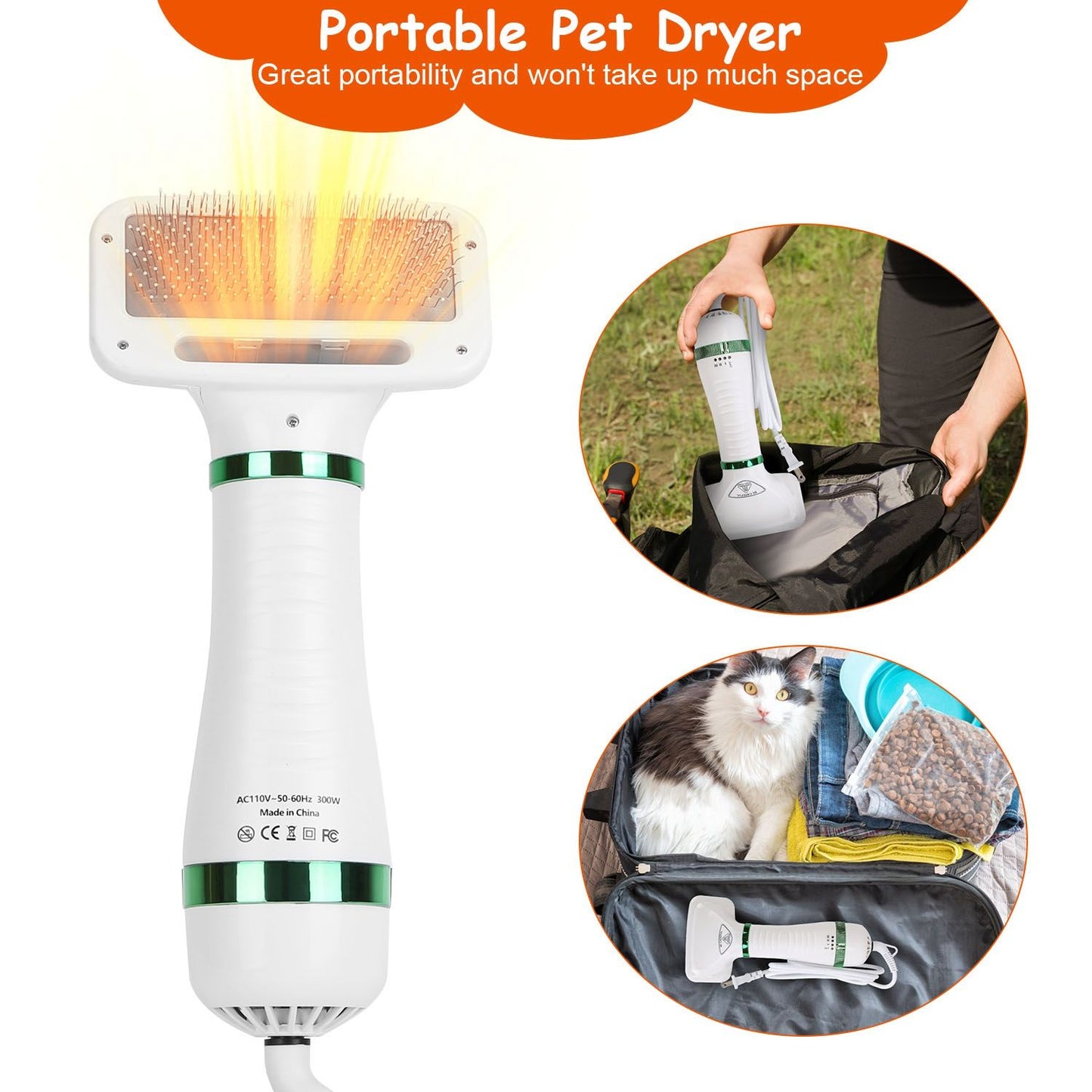 Portable pet dryer with a sleek design, featuring an ergonomic handle, ideal for drying and grooming pets, demonstrated alongside a travel bag and a cat, showcasing its compact size and portability.