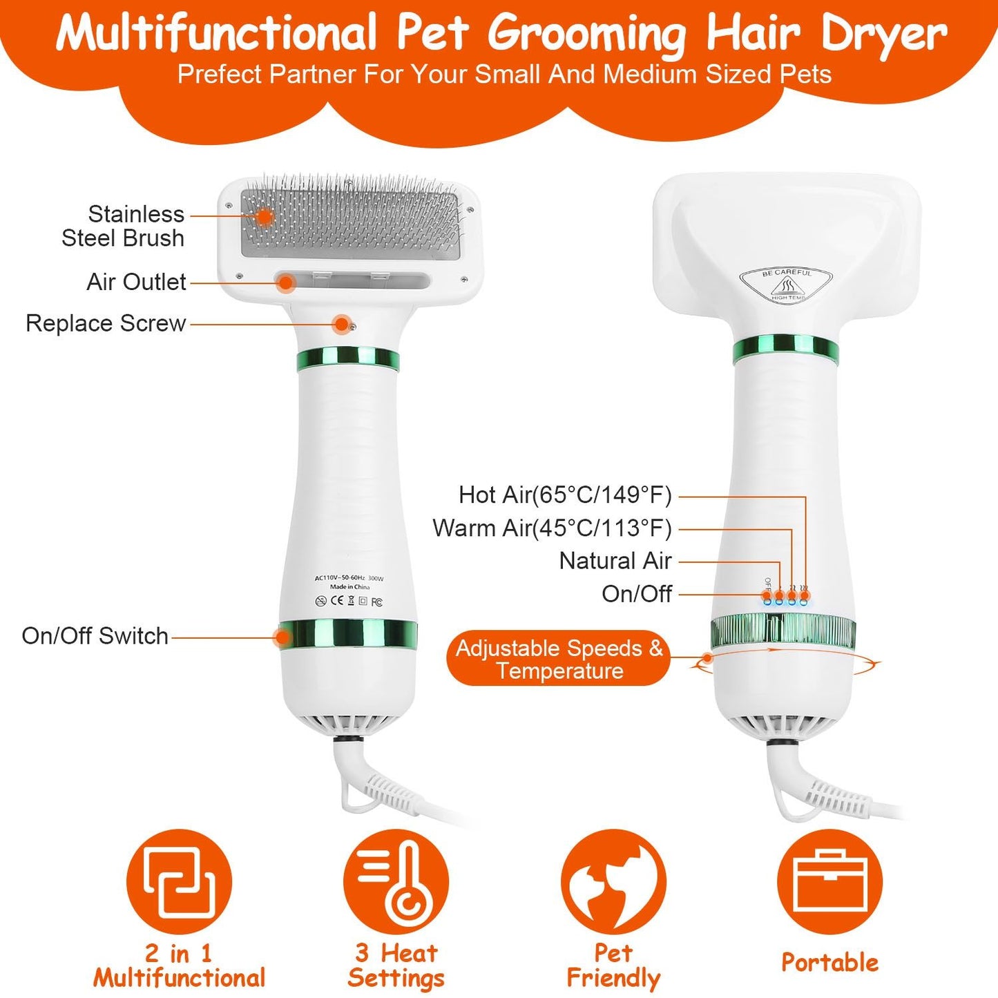 Multifunctional pet grooming hair dryer with stainless steel brush, adjustable speeds, and three heat settings for small and medium-sized pets, featuring an on/off switch and portable design.