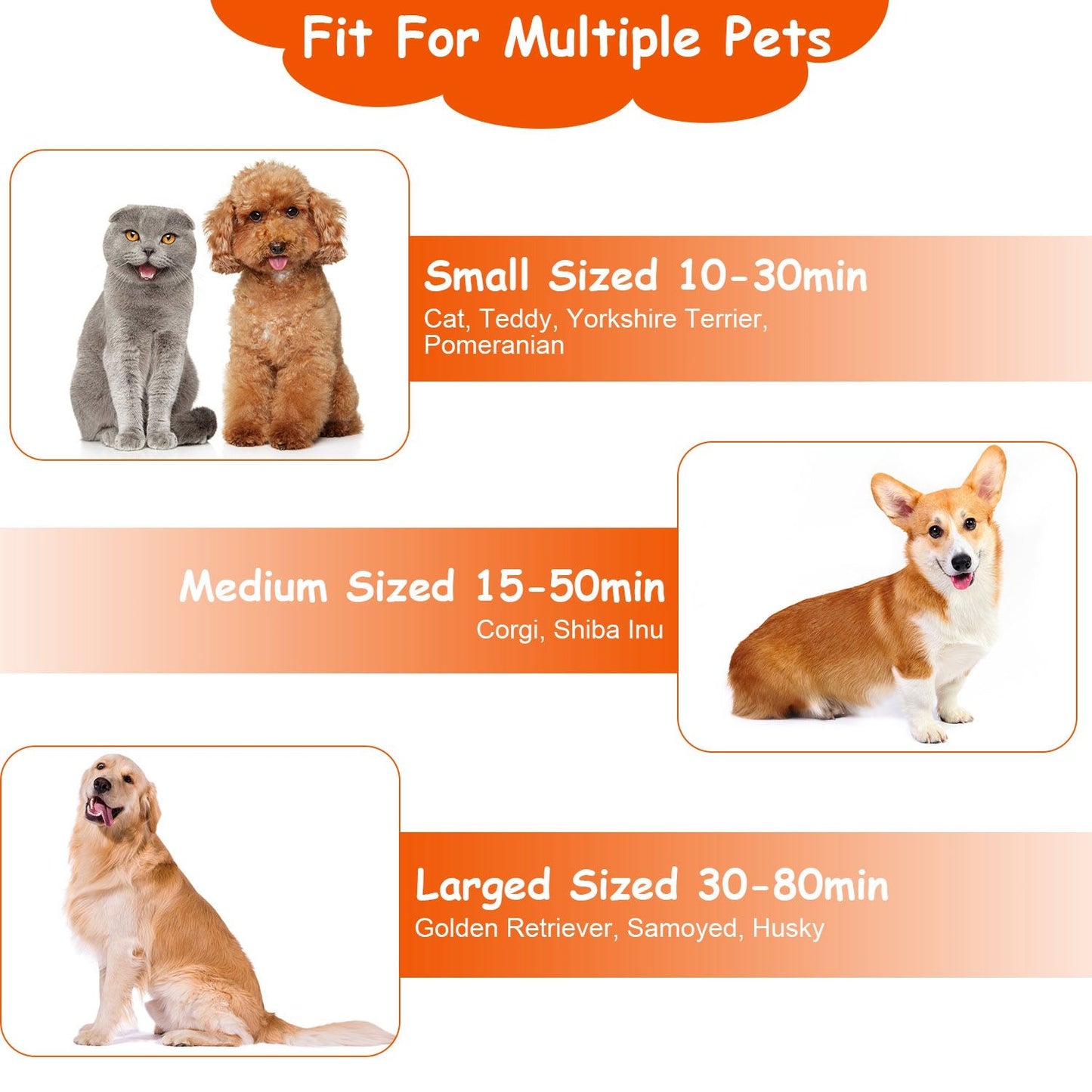 Informative graphic showcasing pet grooming time requirements for different pet sizes: small pets (10-30 minutes for cats and small dogs), medium pets (15-50 minutes for Corgis and Shiba Inus), and large pets (30-80 minutes for Golden Retrievers, Samoyeds, and Huskies).