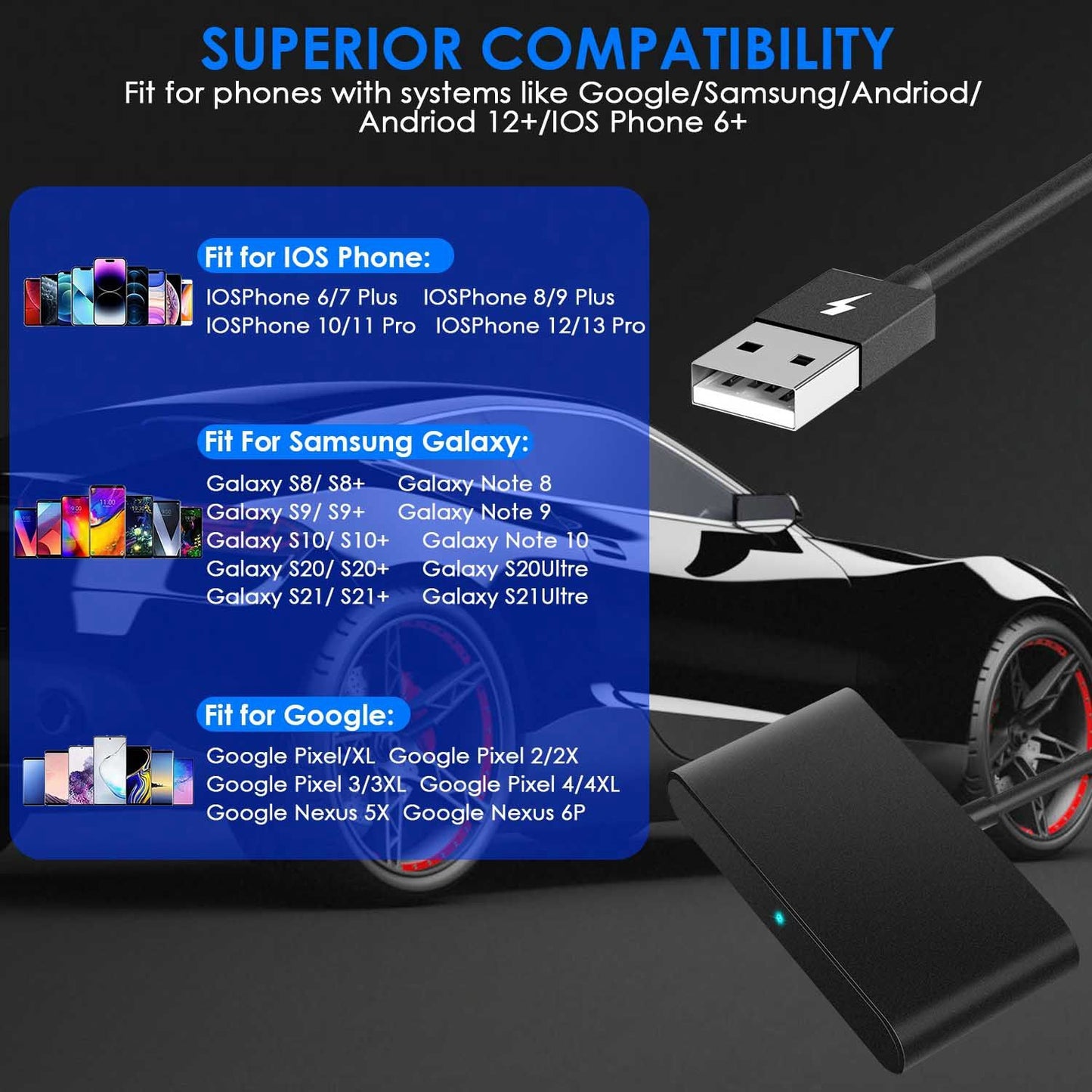 USB charging cable with superior compatibility for iOS and Android phones, including Google Pixel, Samsung Galaxy, and iPhone models, displayed against a stylish black car background.