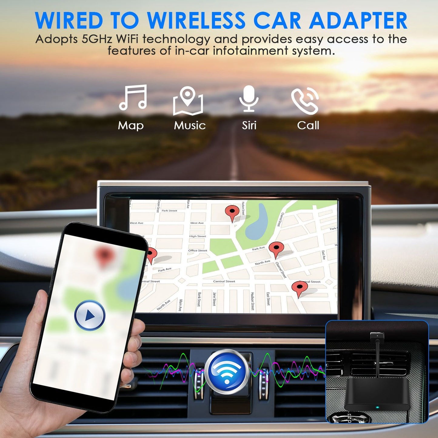 Wired to wireless car adapter for seamless access to maps, music, and voice commands, featuring a smartphone displaying navigation and a car infotainment system.