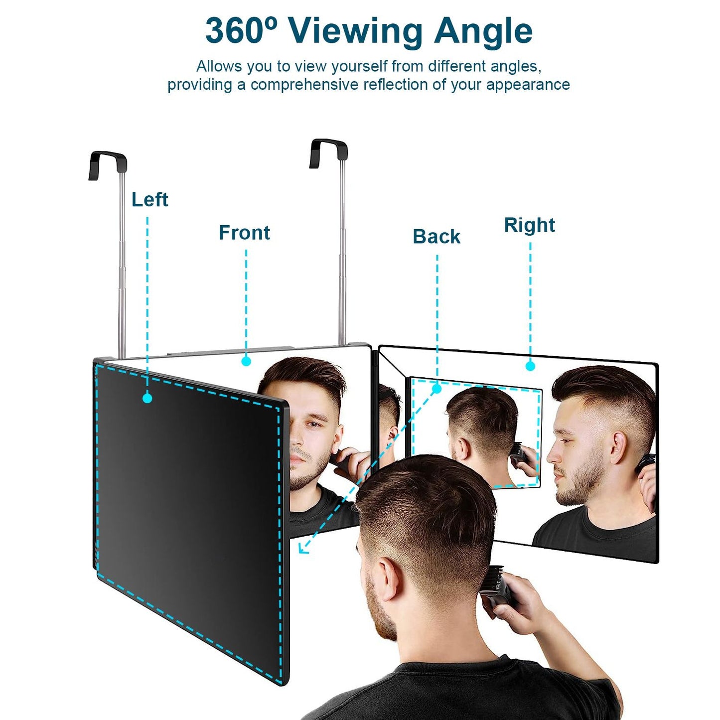 360-degree mirror setup for easy self-viewing during grooming, showcasing left, front, back, and right angles for a complete reflection.