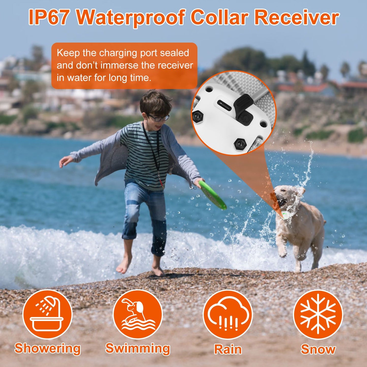IP67 Waterproof Collar Receiver in use at the beach, with a child playing with a dog in the water, highlighting its durability in various weather conditions like rain, snow, swimming, and showering.