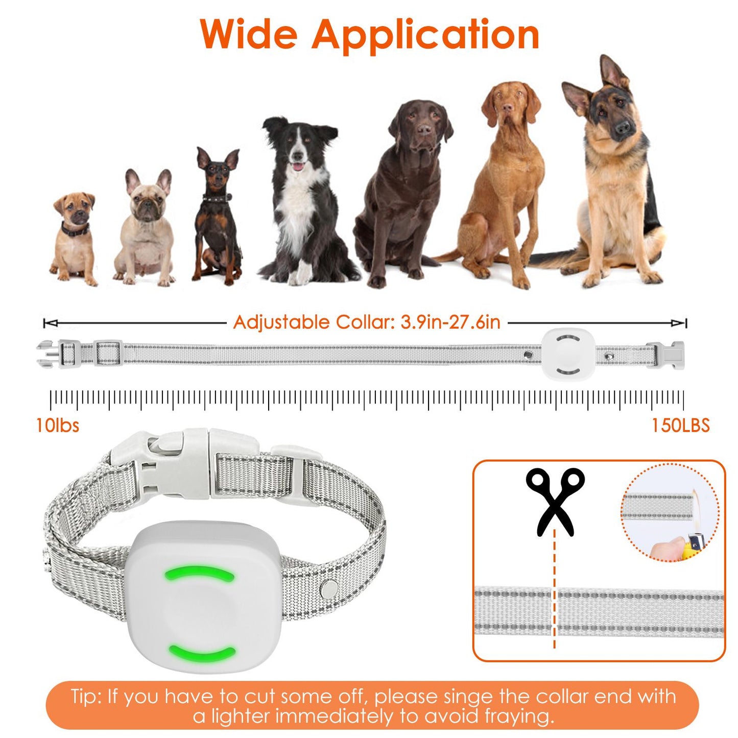 Adjustable dog collar suitable for dogs weighing between 10 to 150 lbs, featuring a secure buckle and a sleek design, displayed alongside various dog breeds.