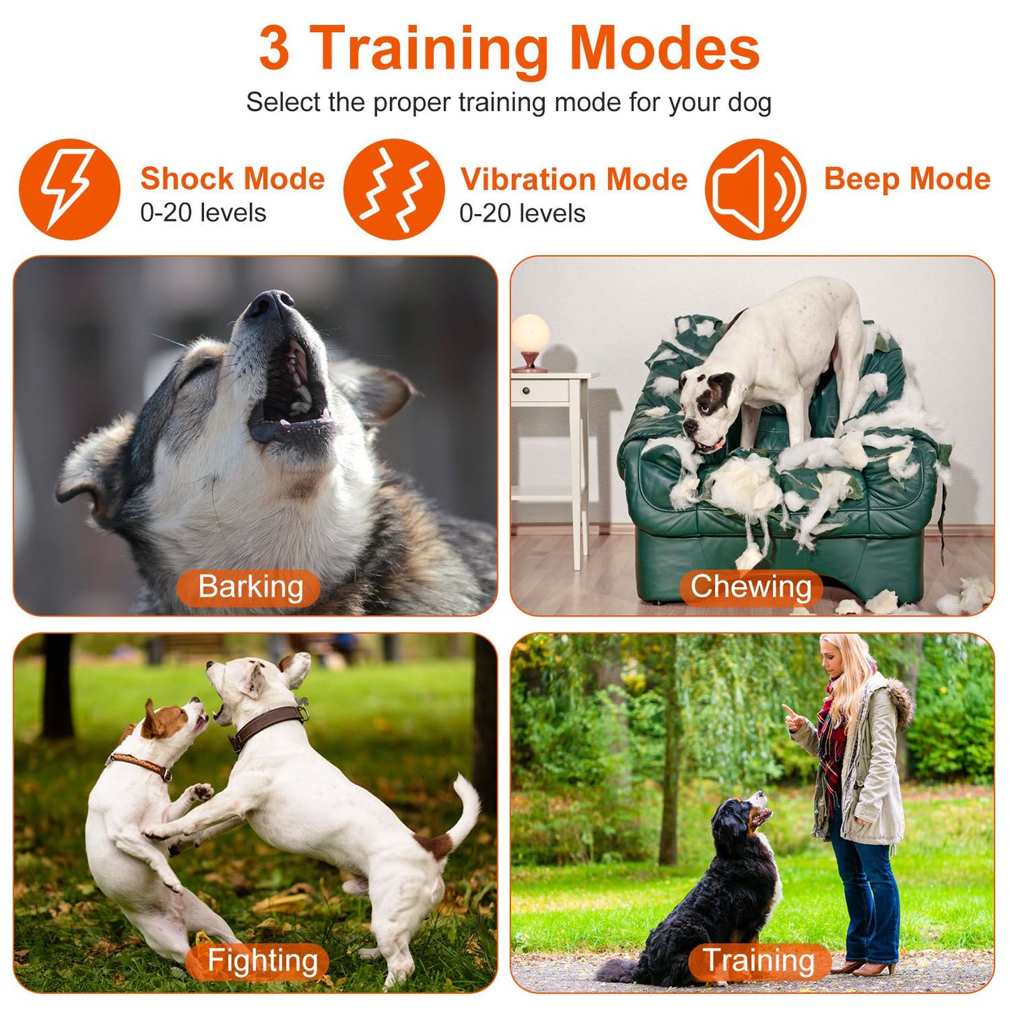 Product image showcasing three training modes for dogs: Shock Mode, Vibration Mode, and Beep Mode, with visuals of dogs barking, chewing furniture, fighting with each other, and being trained by their owner.