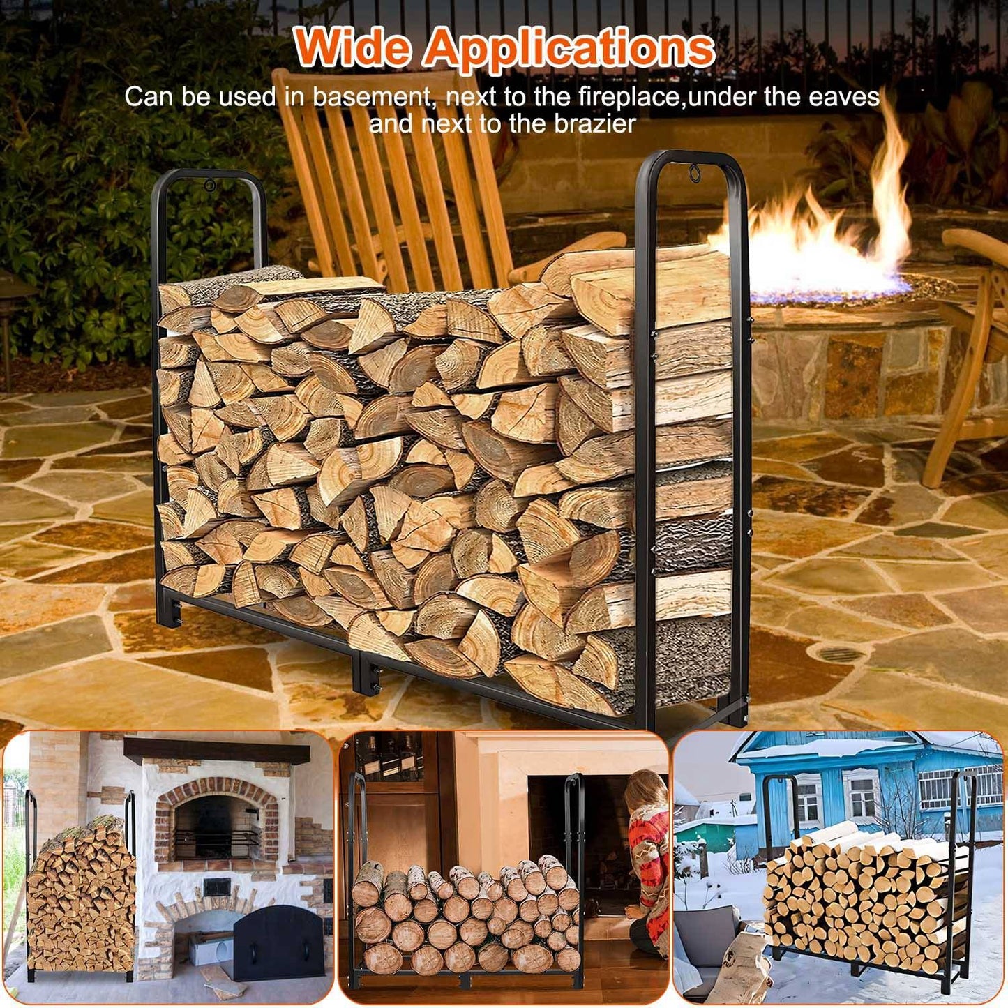 Wood storage rack displaying neatly stacked logs, showcasing various usage settings: indoors by a fireplace and outdoors by a fire pit, with a focus on organization and easy access for firewood.
