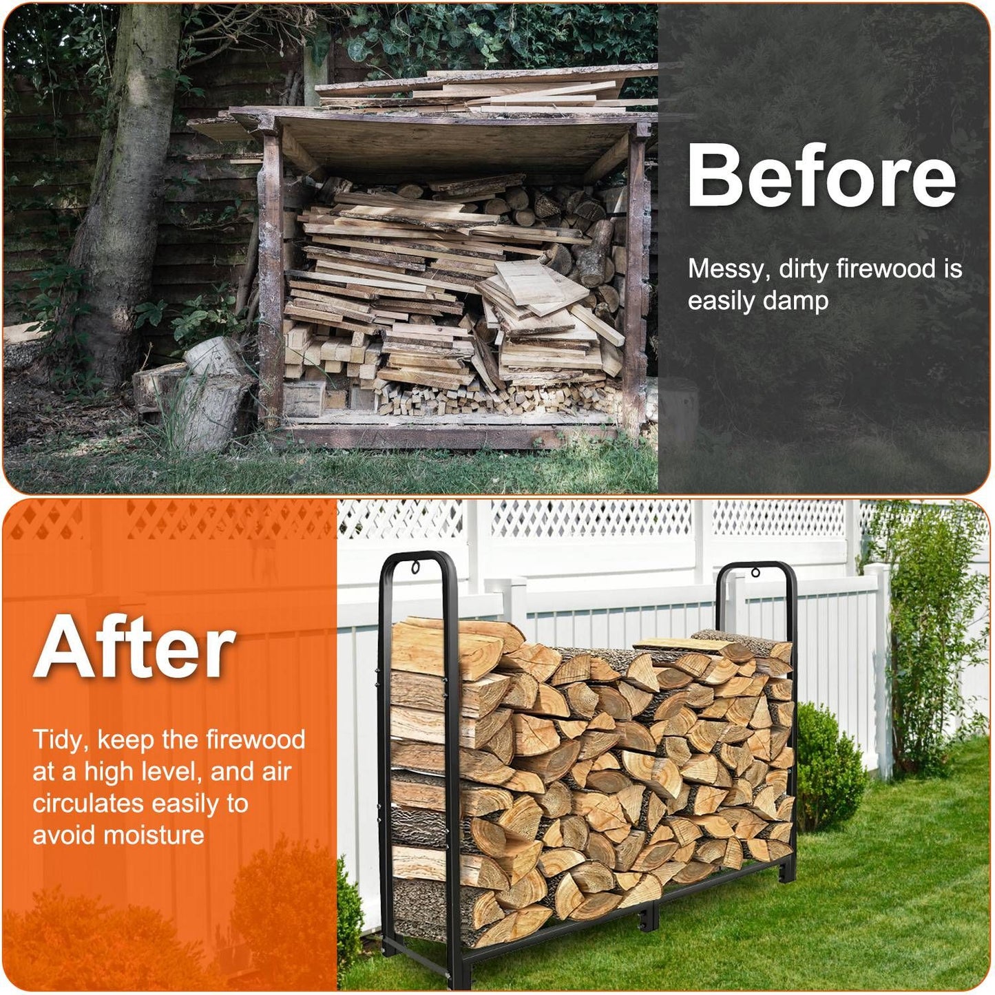 Before and after image of firewood storage, showcasing a messy, damp woodpile on top and a neat, elevated wood rack on the bottom, promoting better air circulation and moisture prevention.