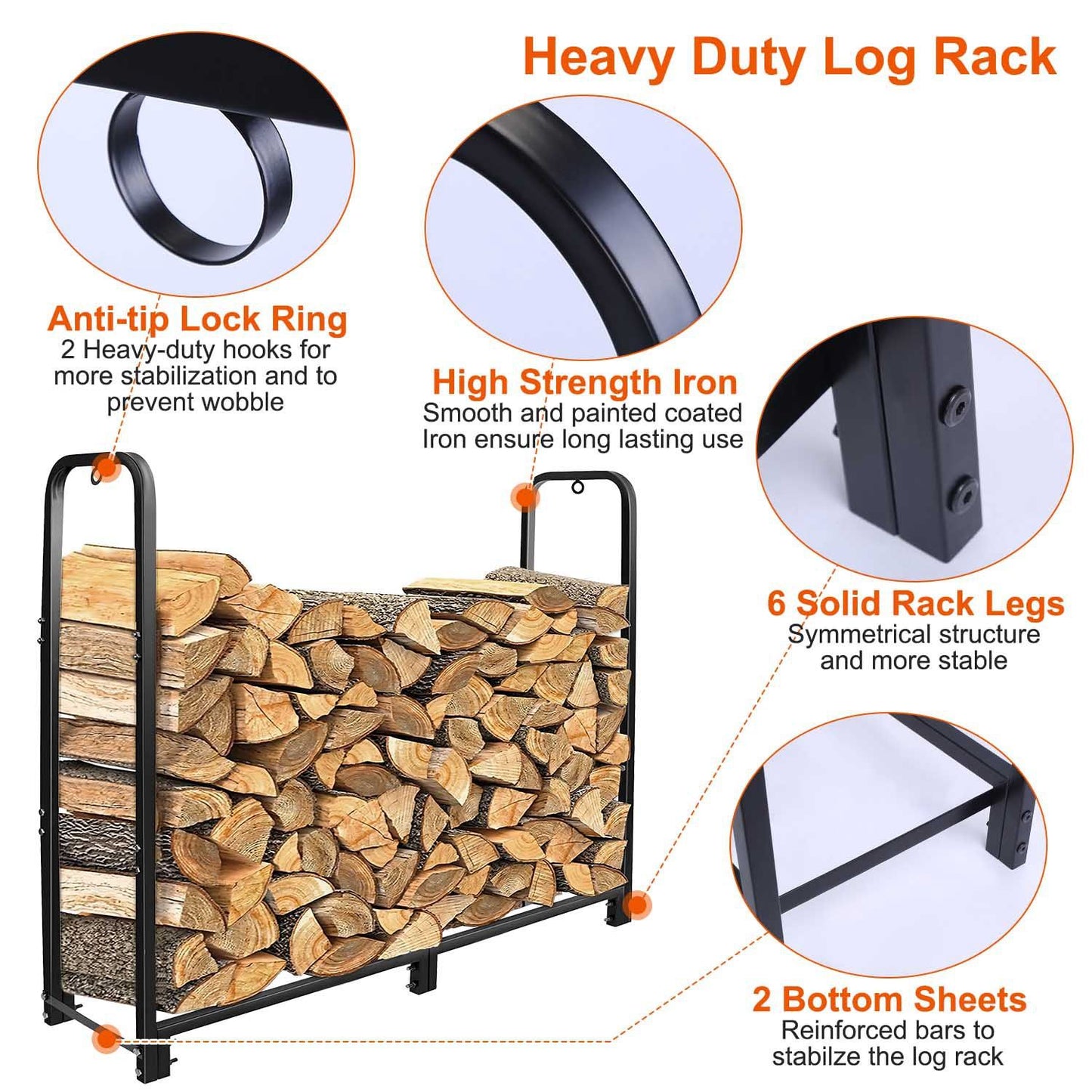 Heavy duty log rack featuring high strength iron construction, anti-tip lock ring, six solid rack legs for stability, and two reinforced bottom sheets for enhanced support, holding neatly stacked firewood.