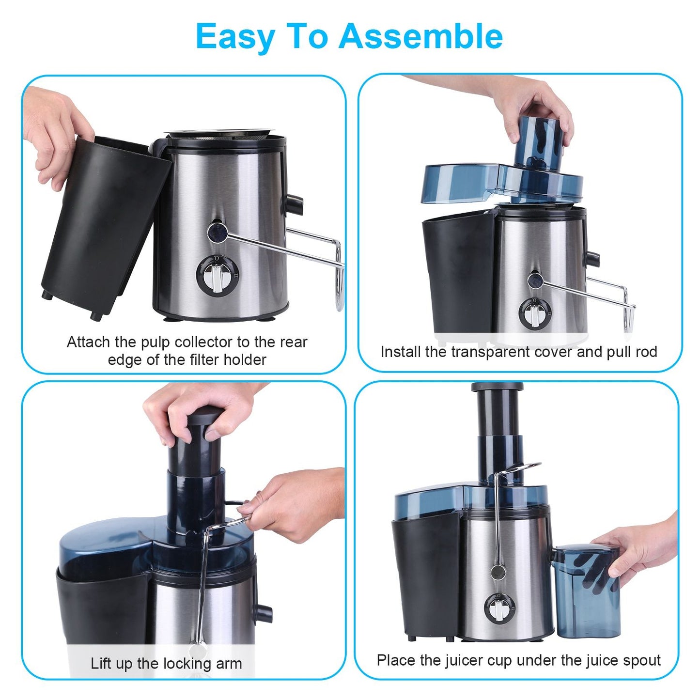 Step-by-step assembly instructions for a stainless steel electric juicer, showcasing key components like the pulp collector and juice cup.