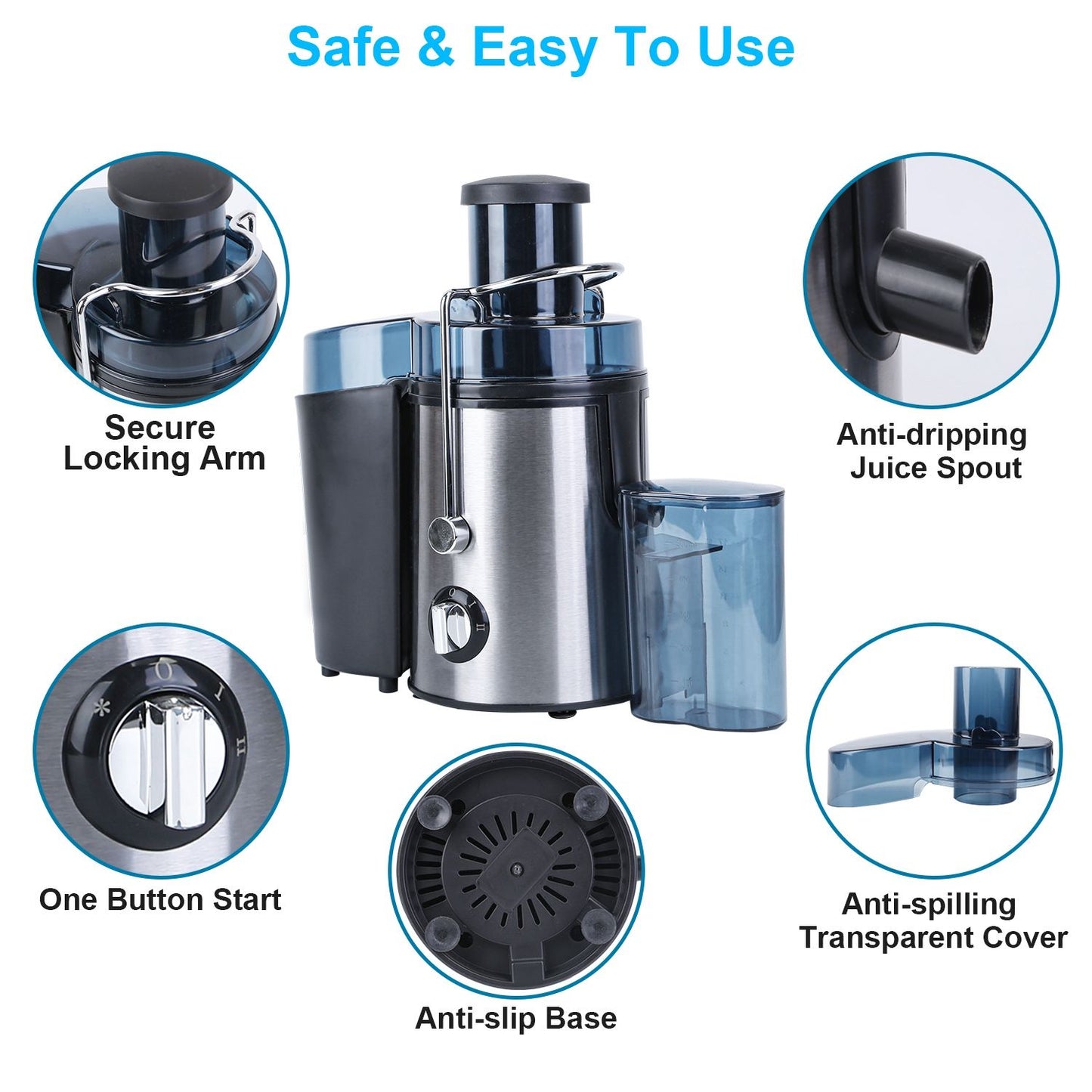 Modern stainless steel juicer with secure locking arm, one button start, anti-dripping juice spout, anti-spilling transparent cover, and anti-slip base, designed for easy and safe use.