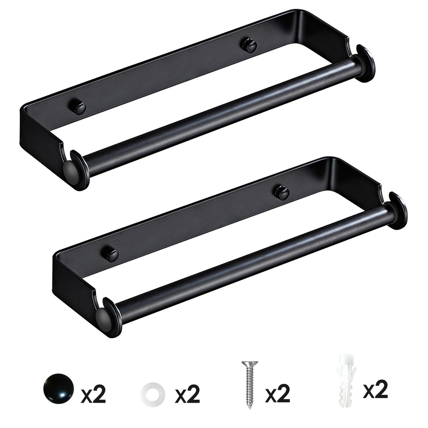 Set of two black metal towel bars with mounting hardware, perfect for modern bathroom decor.