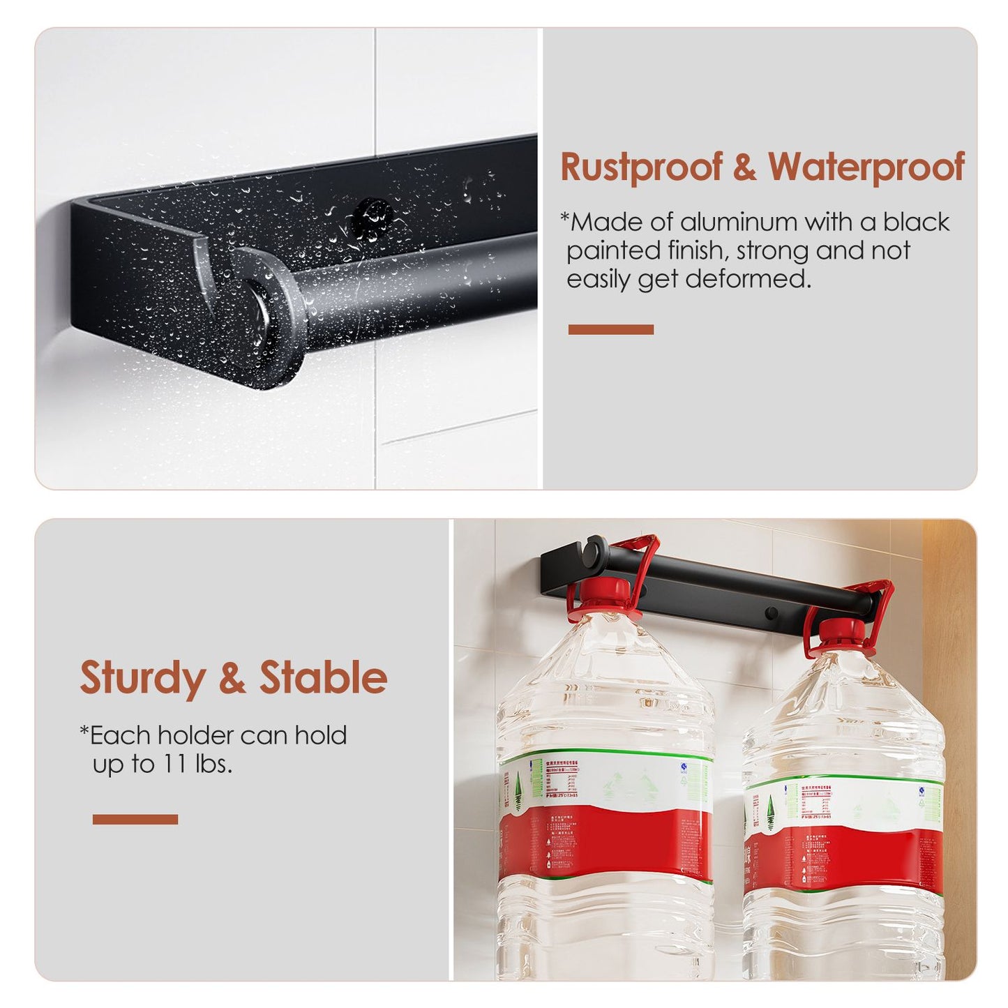 Rustproof black aluminum wall-mounted water bottle holder displaying two 5-gallon water bottles securely, highlighting its waterproof and sturdy design capable of holding up to 11 lbs.